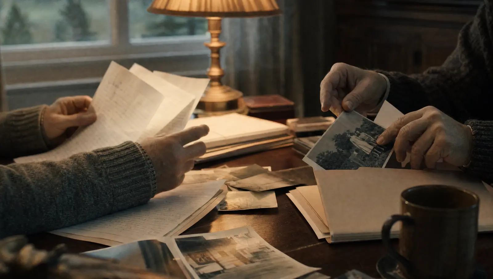 Two pairs of hands sorting translated letters and old family photographs for an asylum application into labeled folders under warm lamplight, faces out of frame.