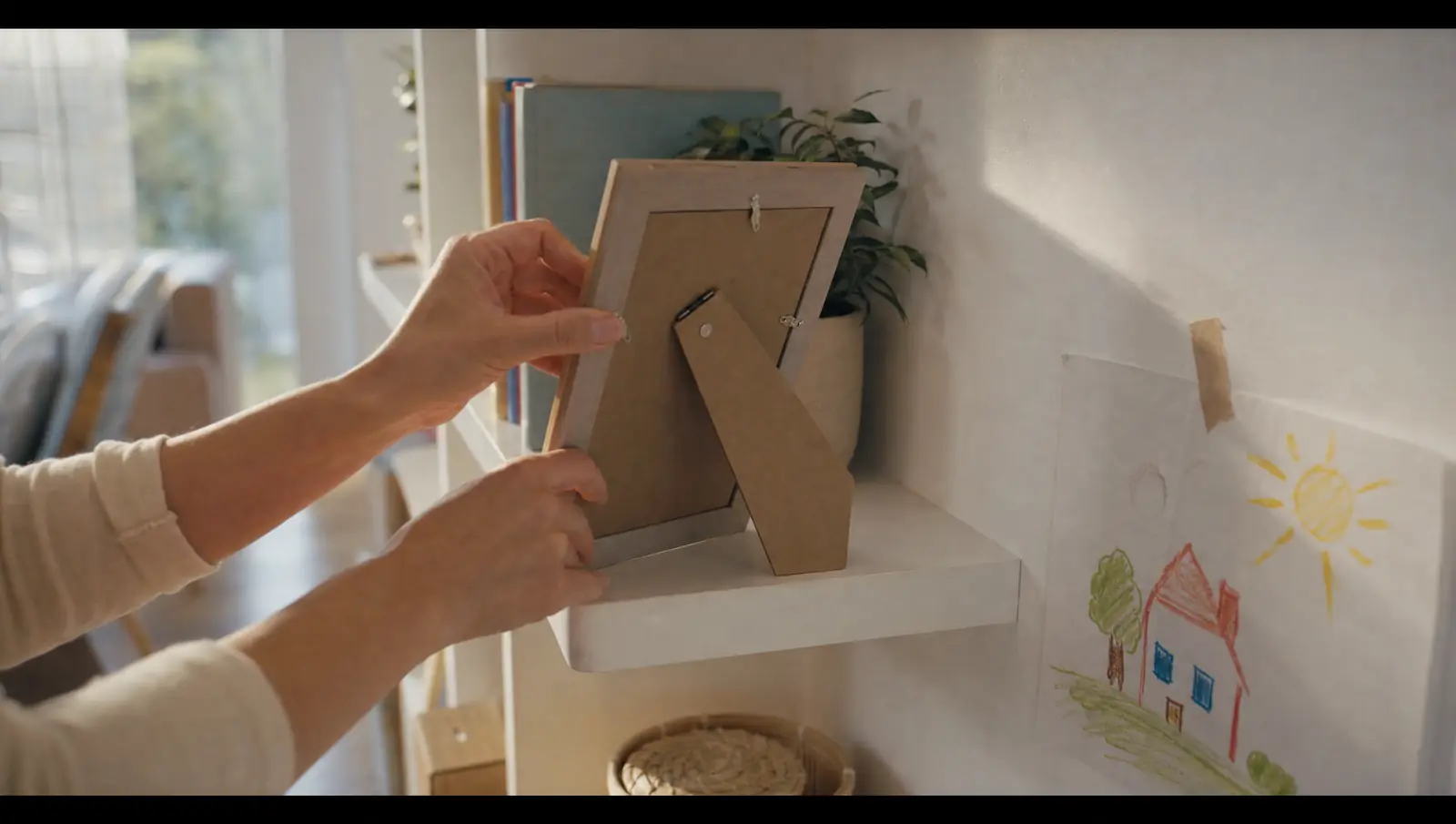 Hands placing a framed family photograph on a shelf in a sunlit new apartment, with a child's drawing on the wall, after a VAWA self-petition.