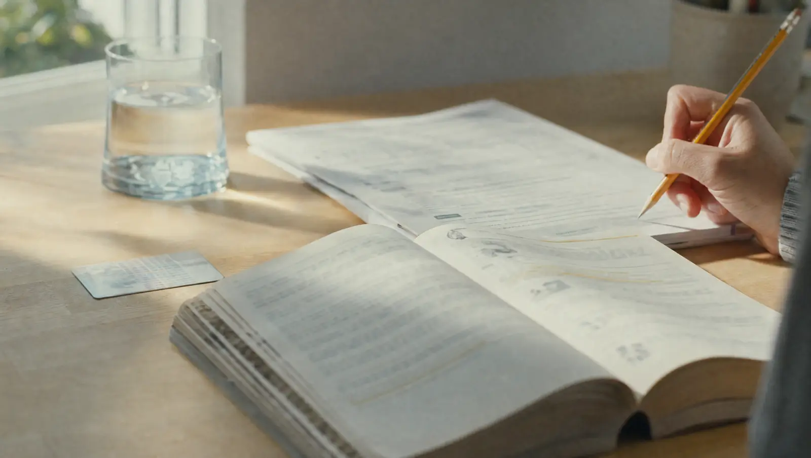 A green card and a folded passport application on an open civics study booklet, papers a citizenship lawyer reviews, a hand holding a pencil at the edge of the frame