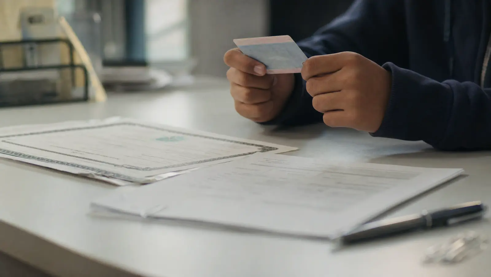 A teenager's hands holding an expired green card beside a parent's naturalization certificate and a custody order, papers for a Certificate of Citizenship