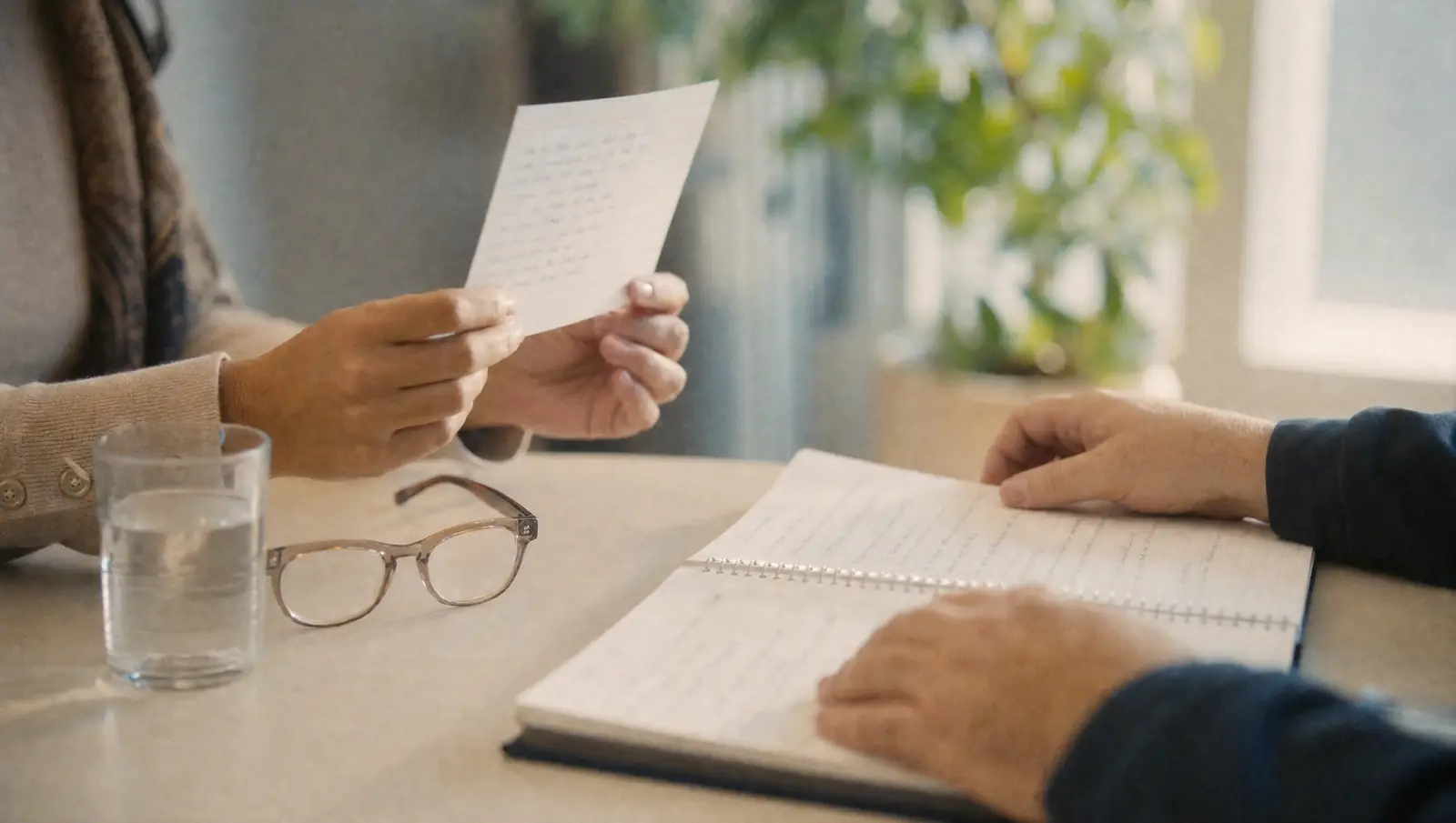 Two pairs of hands across an office table, one holding a handwritten flashcard, the other on a notebook of practice sentences for the citizenship test