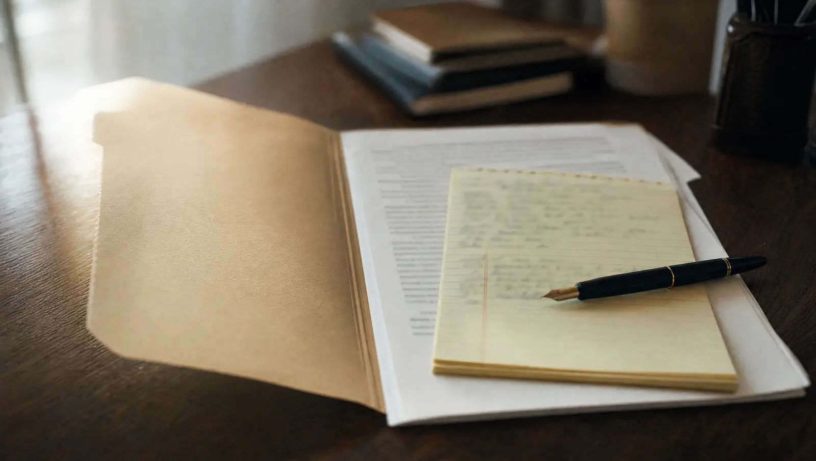 An open manila case folder on a deportation defense lawyer’s walnut desk, with a government notice partly covered by a legal pad of notes and a fountain pen.