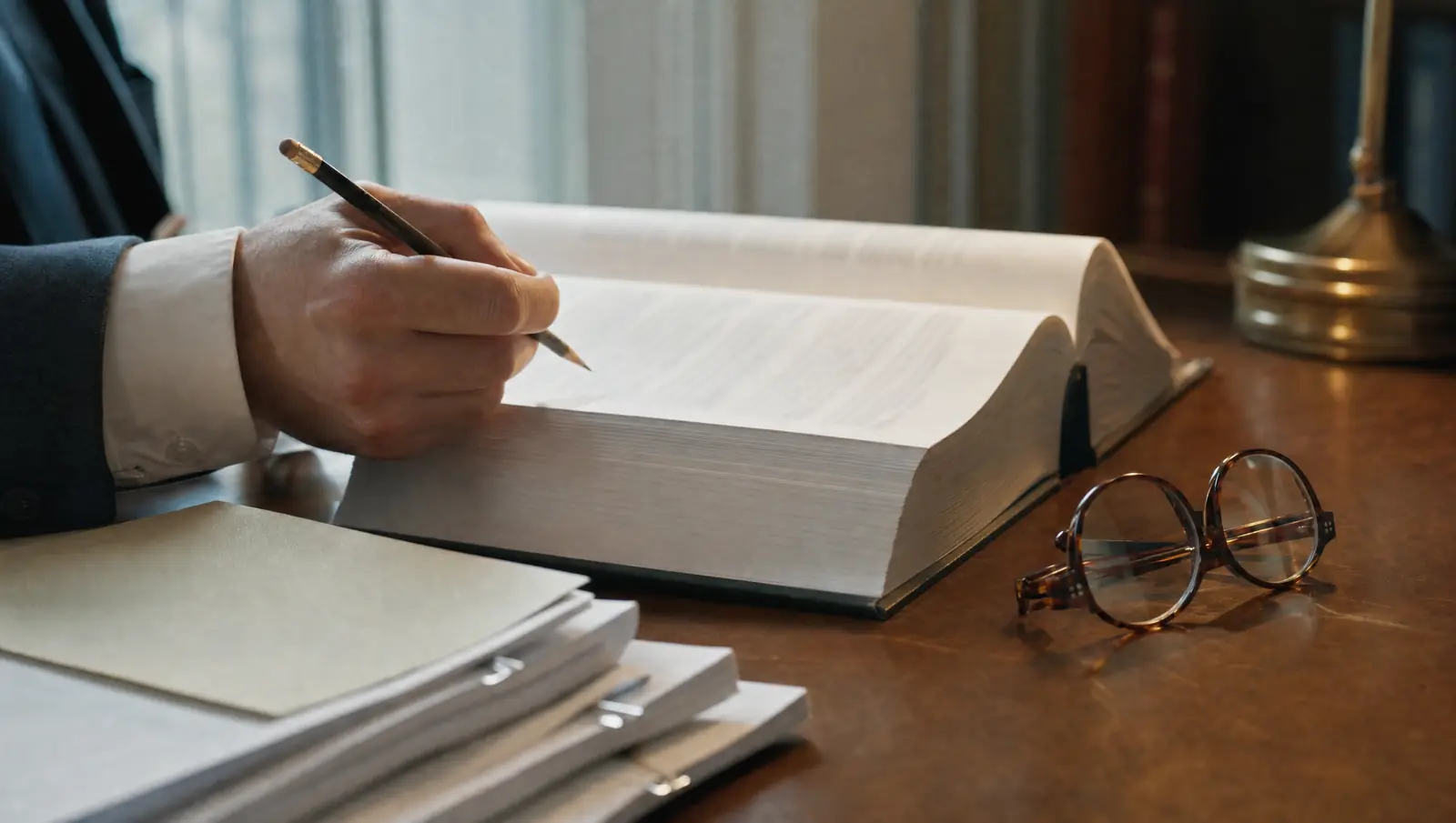 A hand marking passages in a bound hearing transcript for a BIA appeal, beside a stack of legal briefs and reading glasses in warm lamplight.