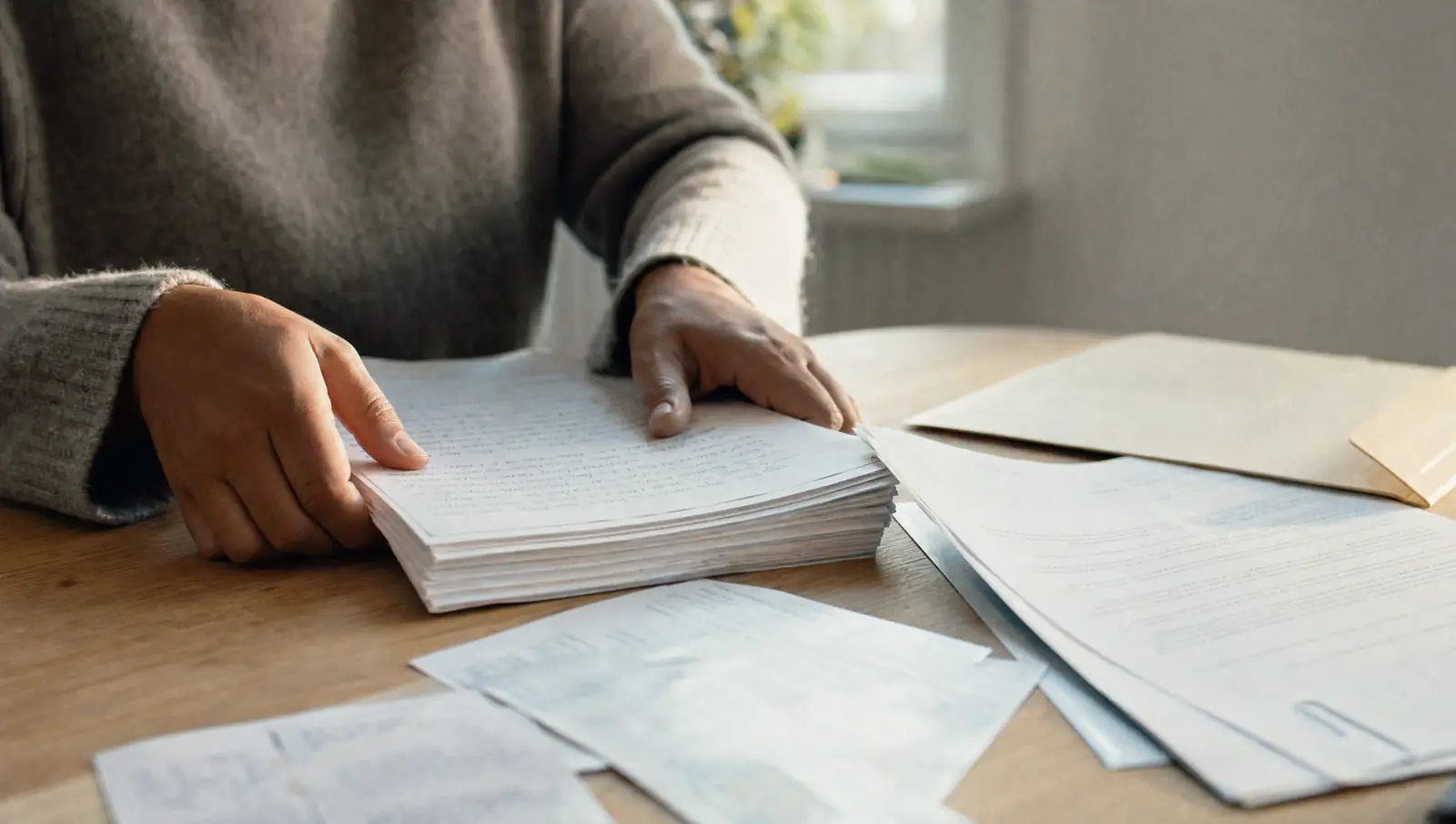 Hands squaring signed support letters, a lease and pay records gathered for an immigration bond hearing, beside a manila folder on a light oak table.
