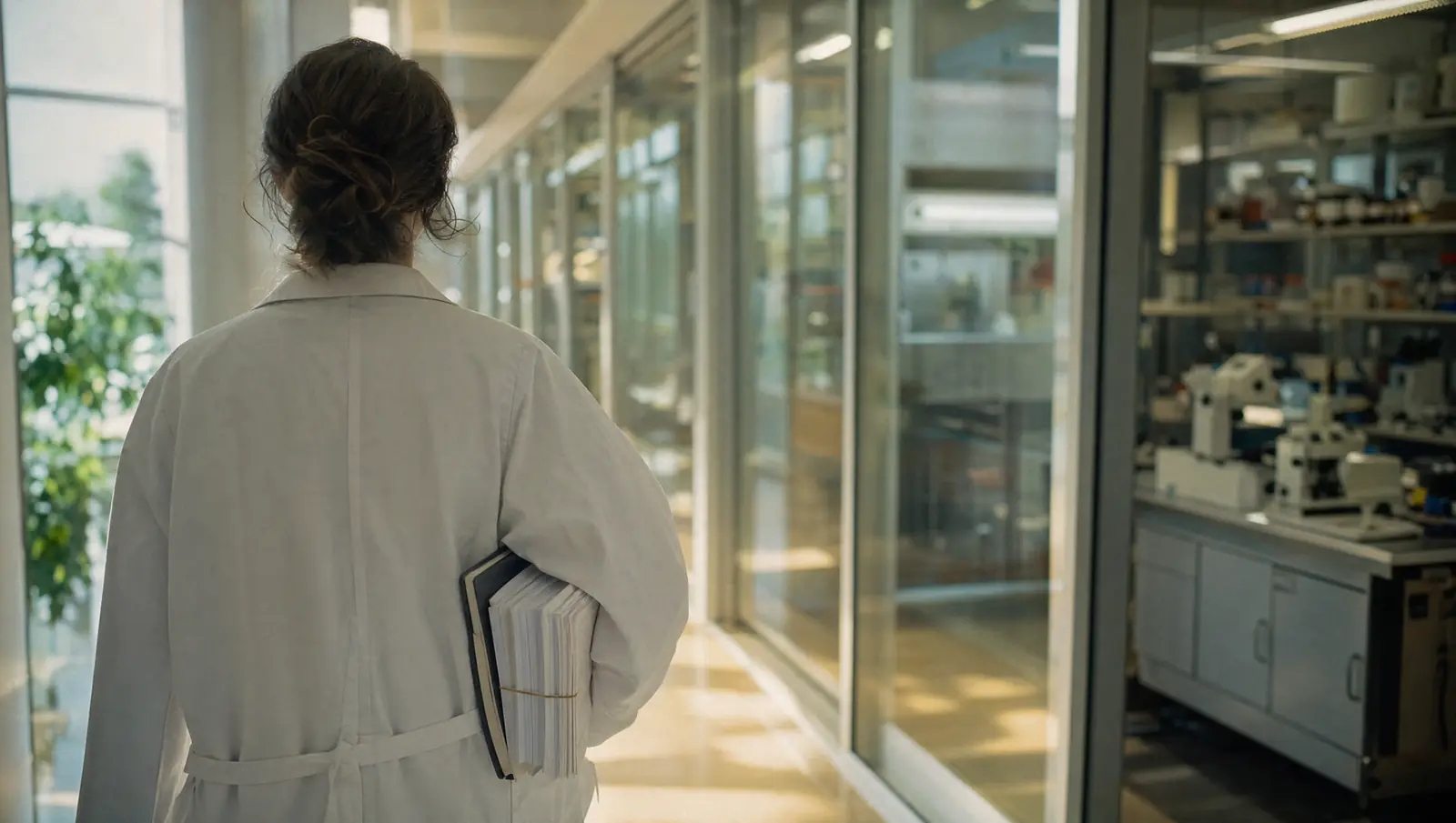 A researcher seen from behind in a laboratory corridor, carrying published papers and a lab notebook for an employment-based green card petition