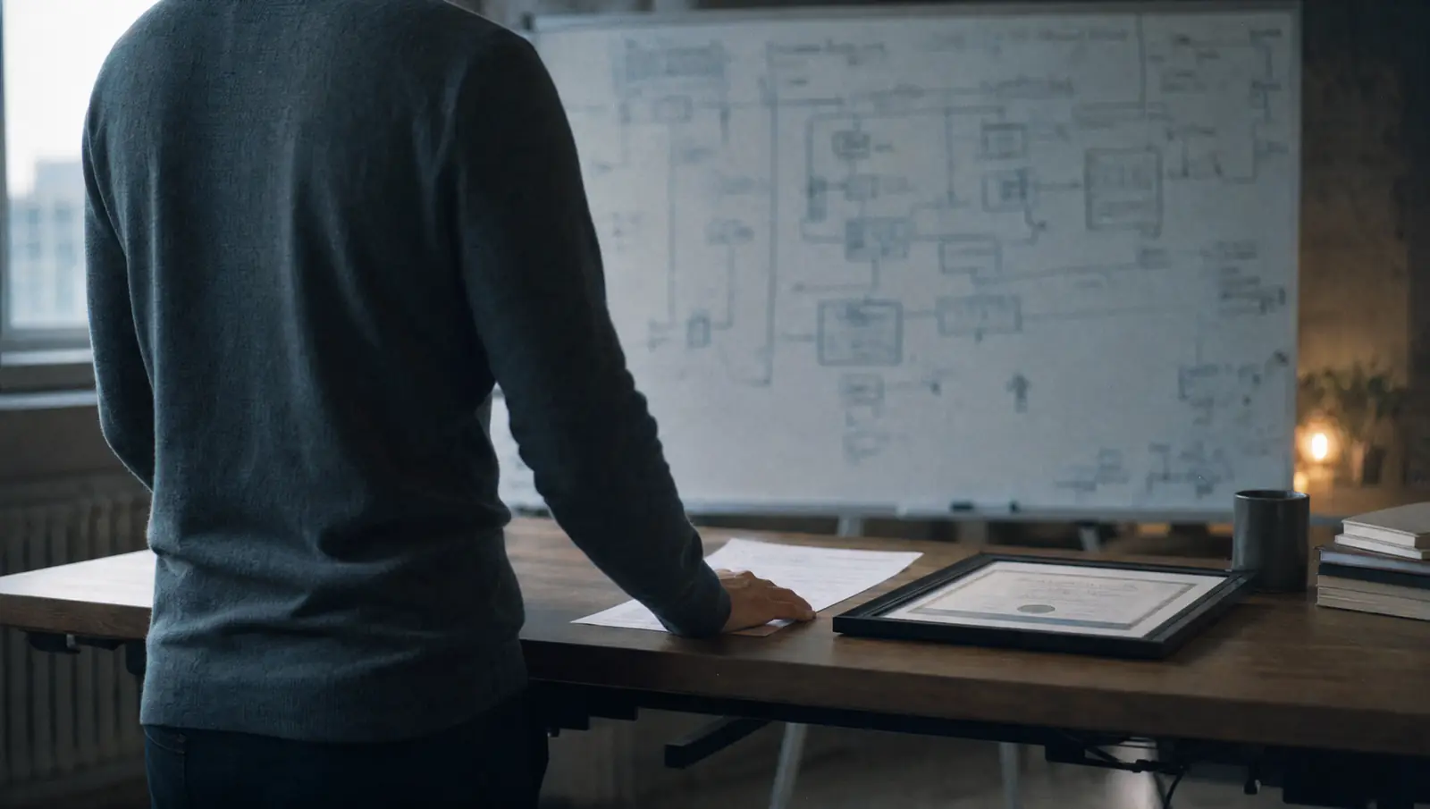 An engineer seen from behind at a standing desk, reviewing a printed H-1B visa job description and a university diploma side by side