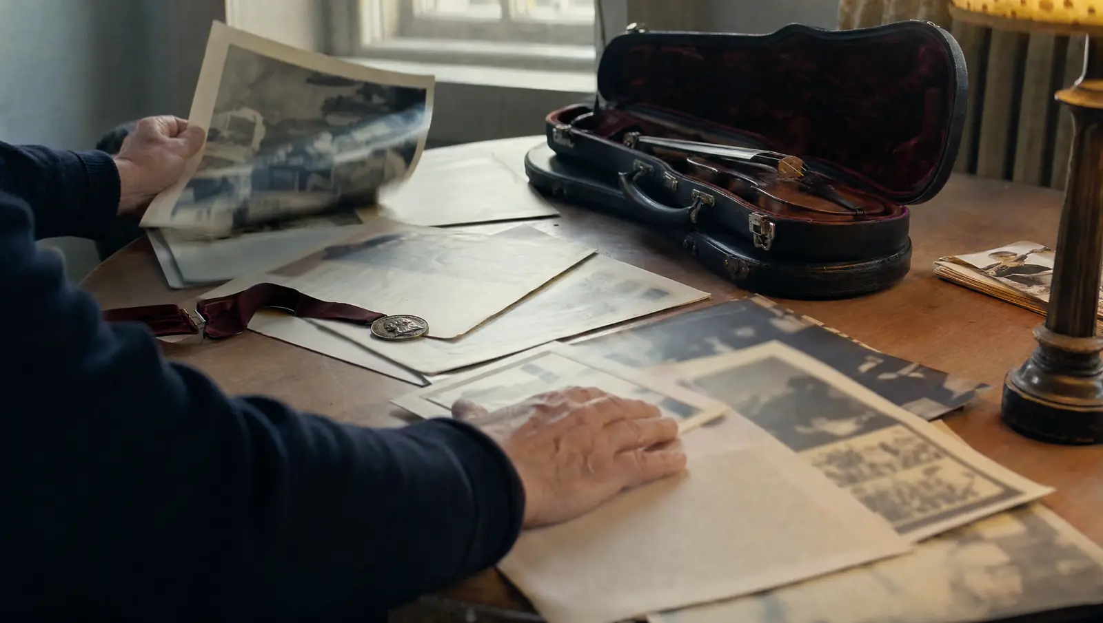 A musician’s hands spreading O-1 visa evidence, concert programs, press clippings and a small award medal, across a table beside a violin case