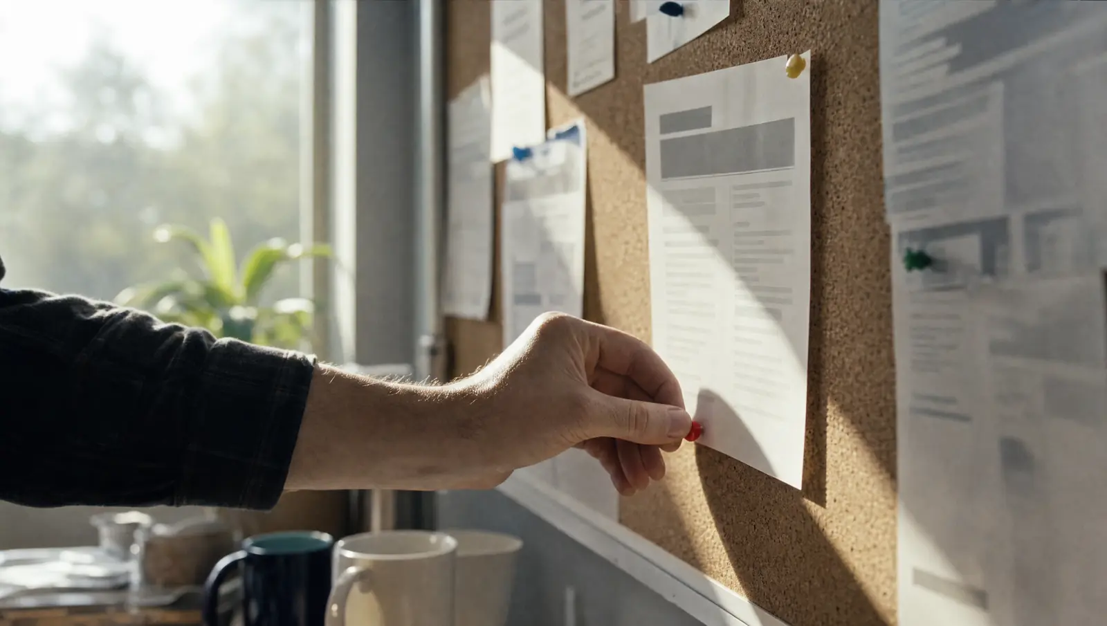 A hand pinning a printed PERM labor certification job posting to a small company’s break room noticeboard among staff notices