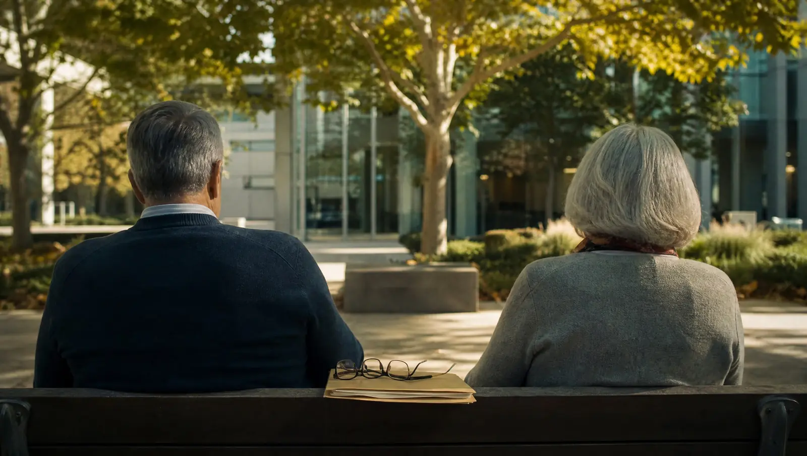 An older couple on a shaded Glendale park bench beside a library, a folder of immigration papers and reading glasses between them