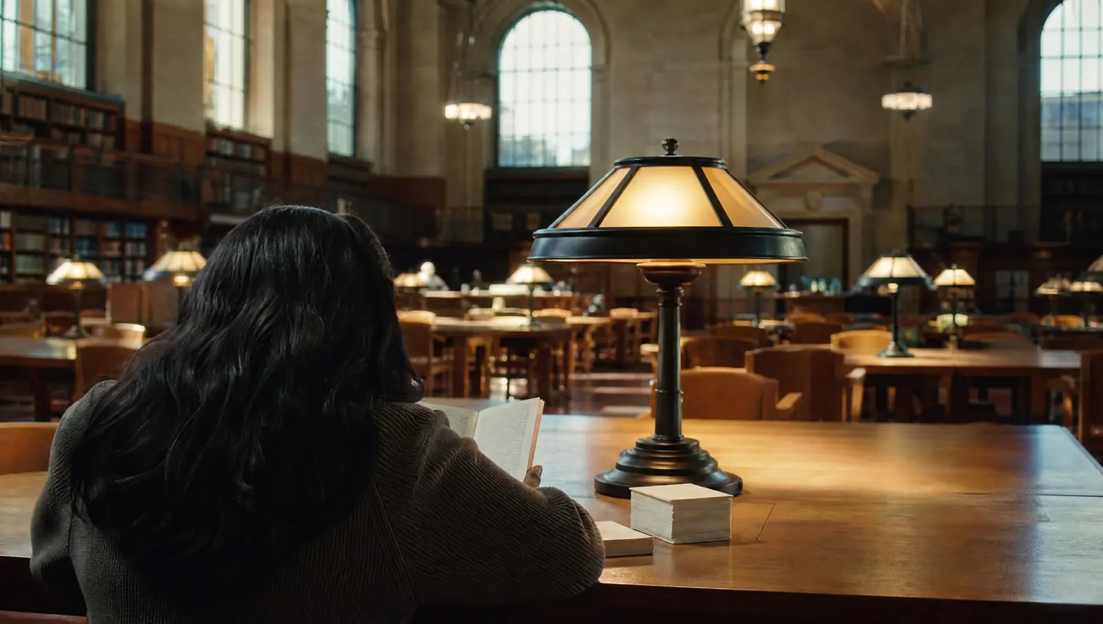 An adult at a Los Angeles library table studying a civics booklet and index cards before seeing an immigration lawyer, in warm lamplight