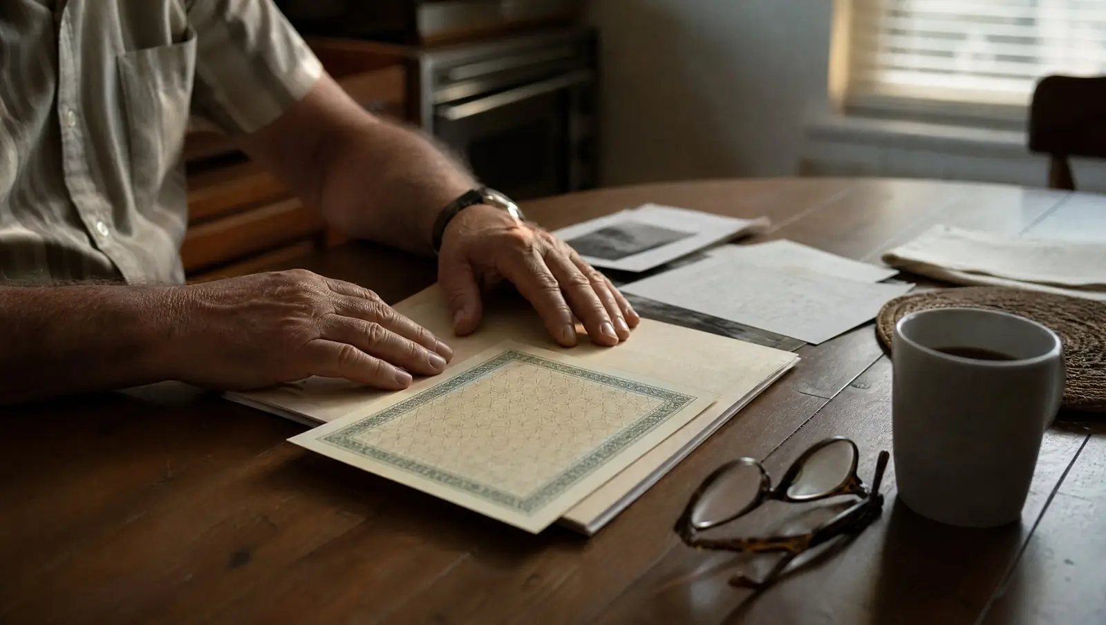 An older man's hands on a folder of family documents prepared with his North Hollywood immigration lawyer, reading glasses and coffee beside it