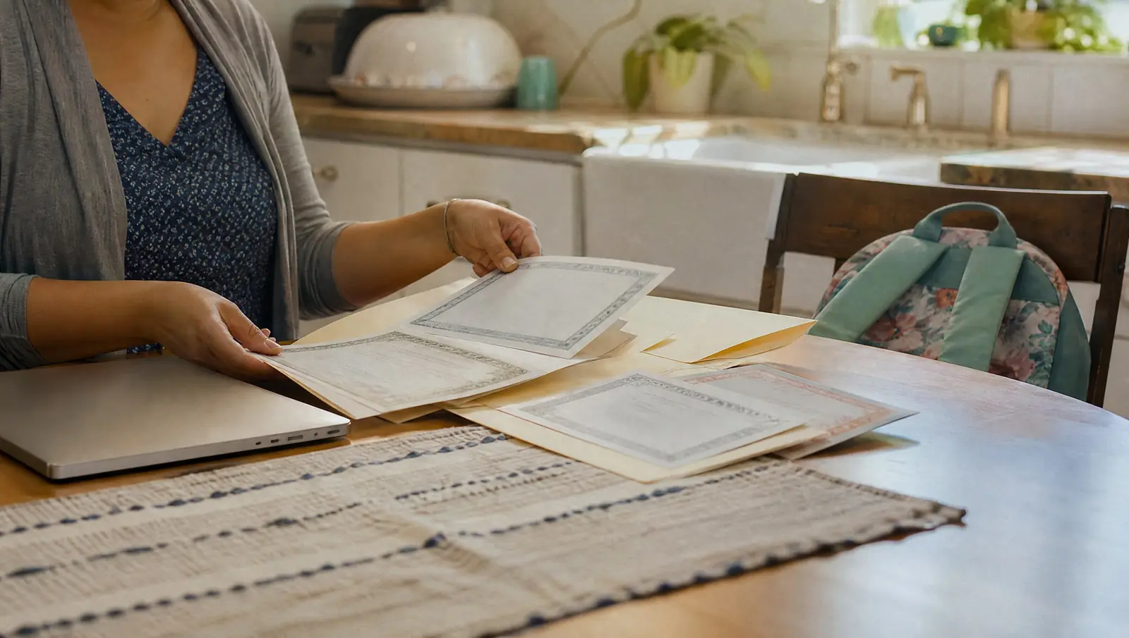 A Pomona mother's hands sorting birth and marriage certificates into folders beside a laptop video call with an immigration lawyer
