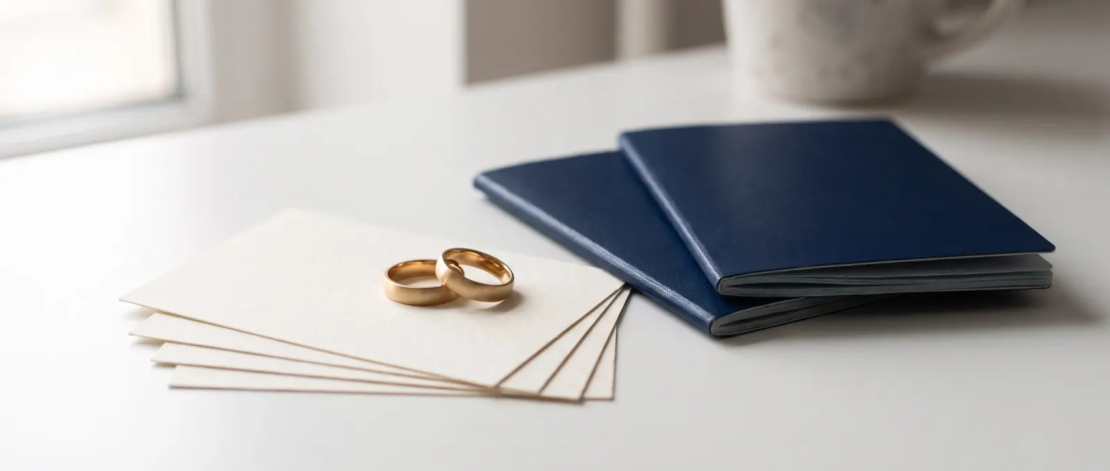 Two wedding bands on an open passport and a folded marriage certificate, the core papers of a marriage green card case