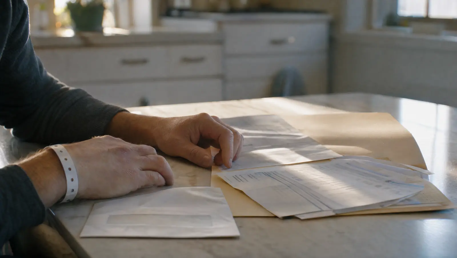 Medical bills, discharge papers and an insurance letter on a kitchen table, the papers a personal injury lawyer asks to see first, with a braced wrist beside them.