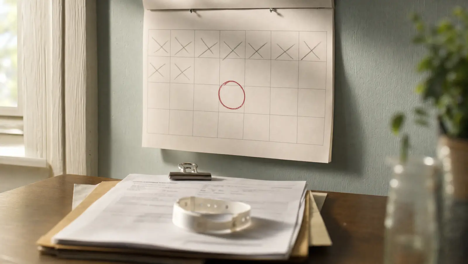 A wall calendar with weeks crossed out and one date circled, counting down a personal injury statute of limitations, above a stack of hospital discharge papers.