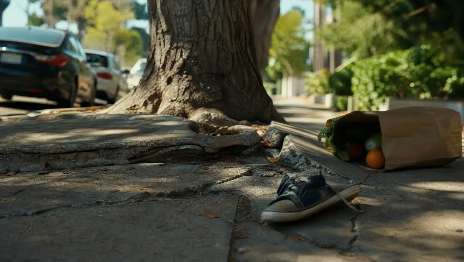 A North Hollywood sidewalk slab lifted by tree roots, with a dropped grocery bag and a single sneaker beside it, the kind of fall a personal injury lawyer documents