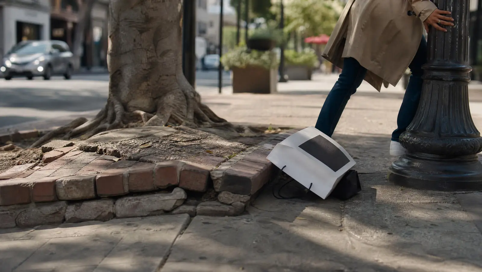 A cracked, raised sidewalk beneath a street tree in a Pasadena shopping district, the kind of hazard behind a personal injury claim, with a dropped bag and a person steadying themselves on a lamppost