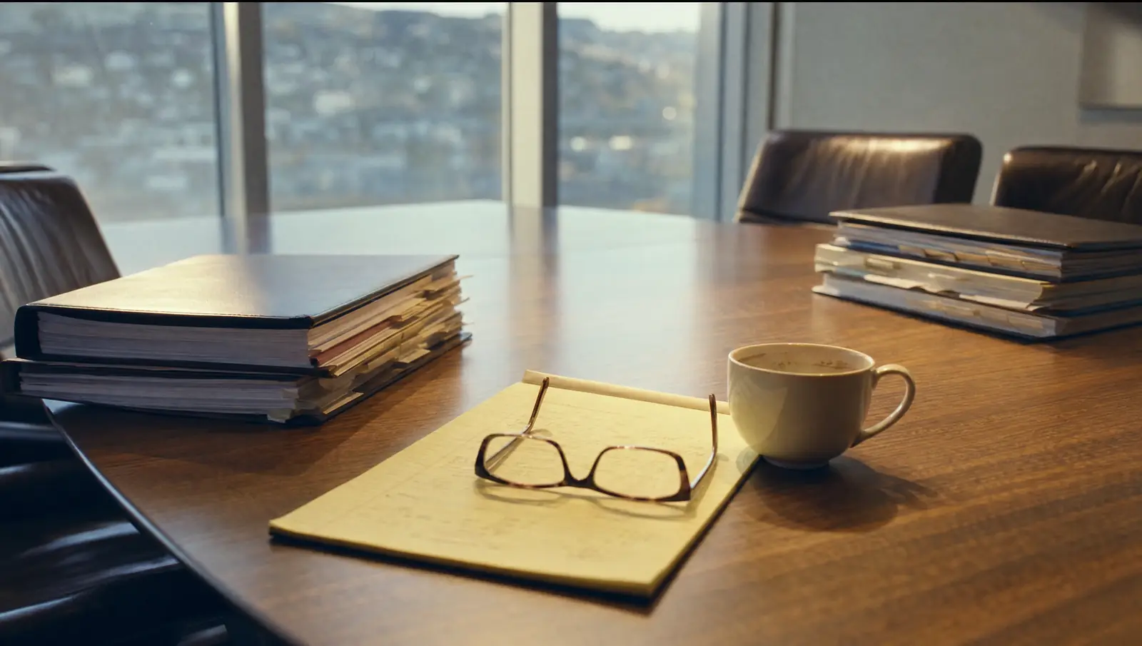 Tabbed binders for a personal injury settlement, a legal pad of handwritten columns, reading glasses and a coffee cup on a conference table.