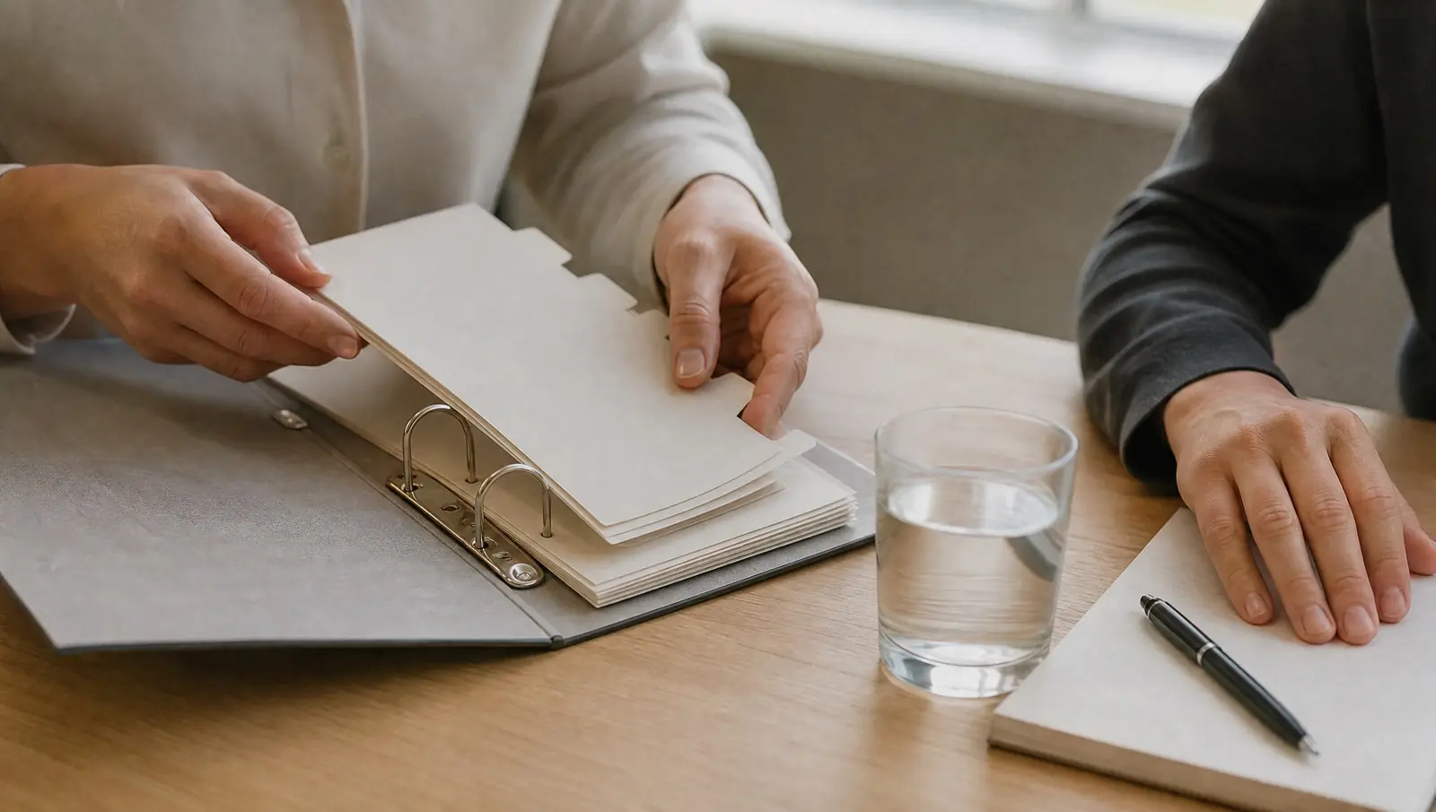 Hands organizing a client binder with tabbed dividers at a bright desk — the start of the legal process with the firm