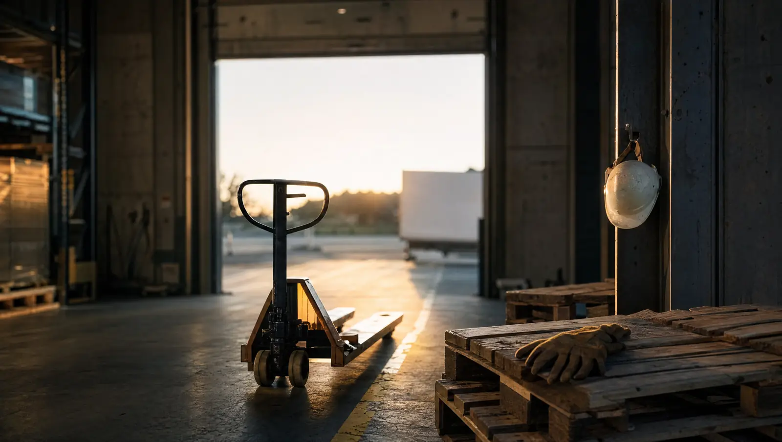 A warehouse loading dock at dusk, the kind of workplace a workers' comp lawyer sees often, with a pallet jack, worn work gloves on a pallet and a hard hat on a hook.