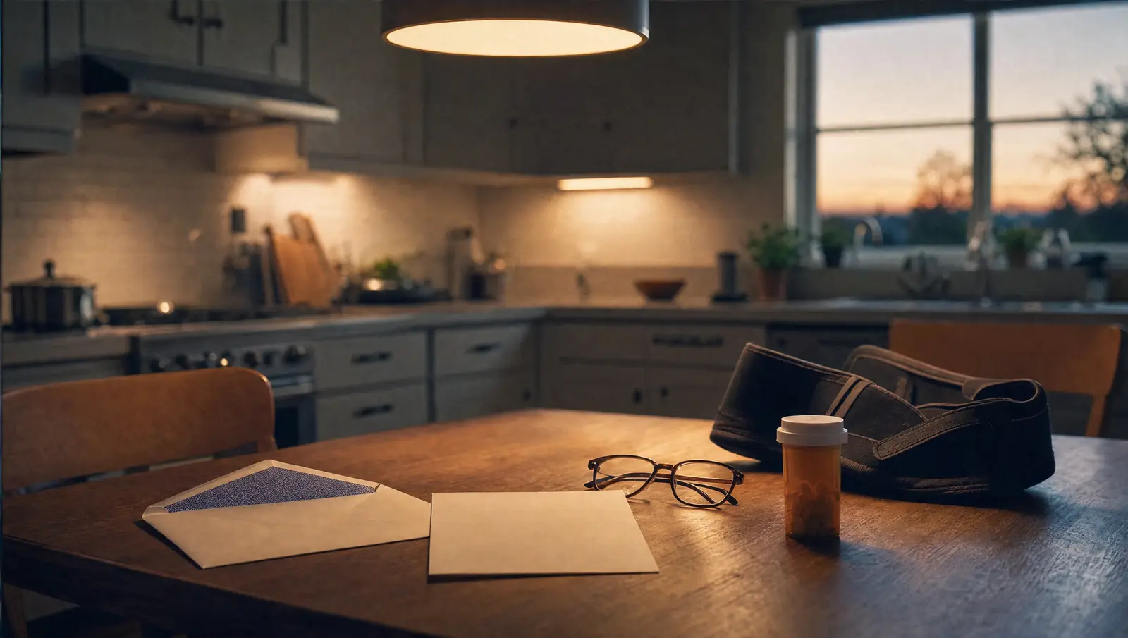 An opened envelope and a letter about a denied workers' comp claim lying face down on a kitchen table at night, beside reading glasses, a pill bottle and a lumbar support belt.