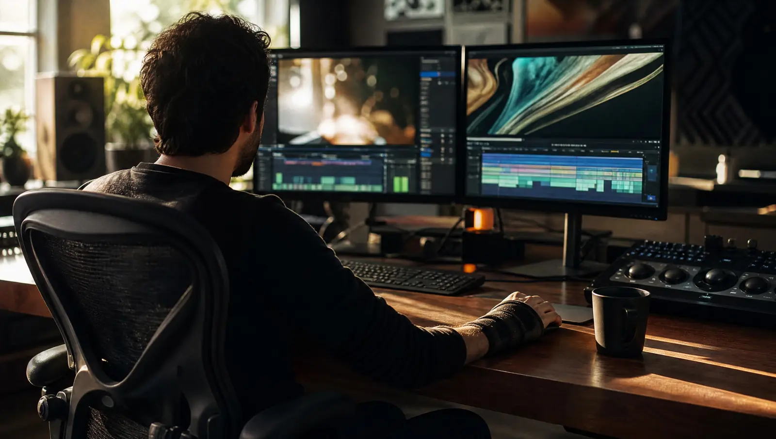 A Burbank post-production worker seen from behind at a dual-monitor desk at night, one hand resting on a wrist brace beside the keyboard, the kind of strain behind many workers' comp claims
