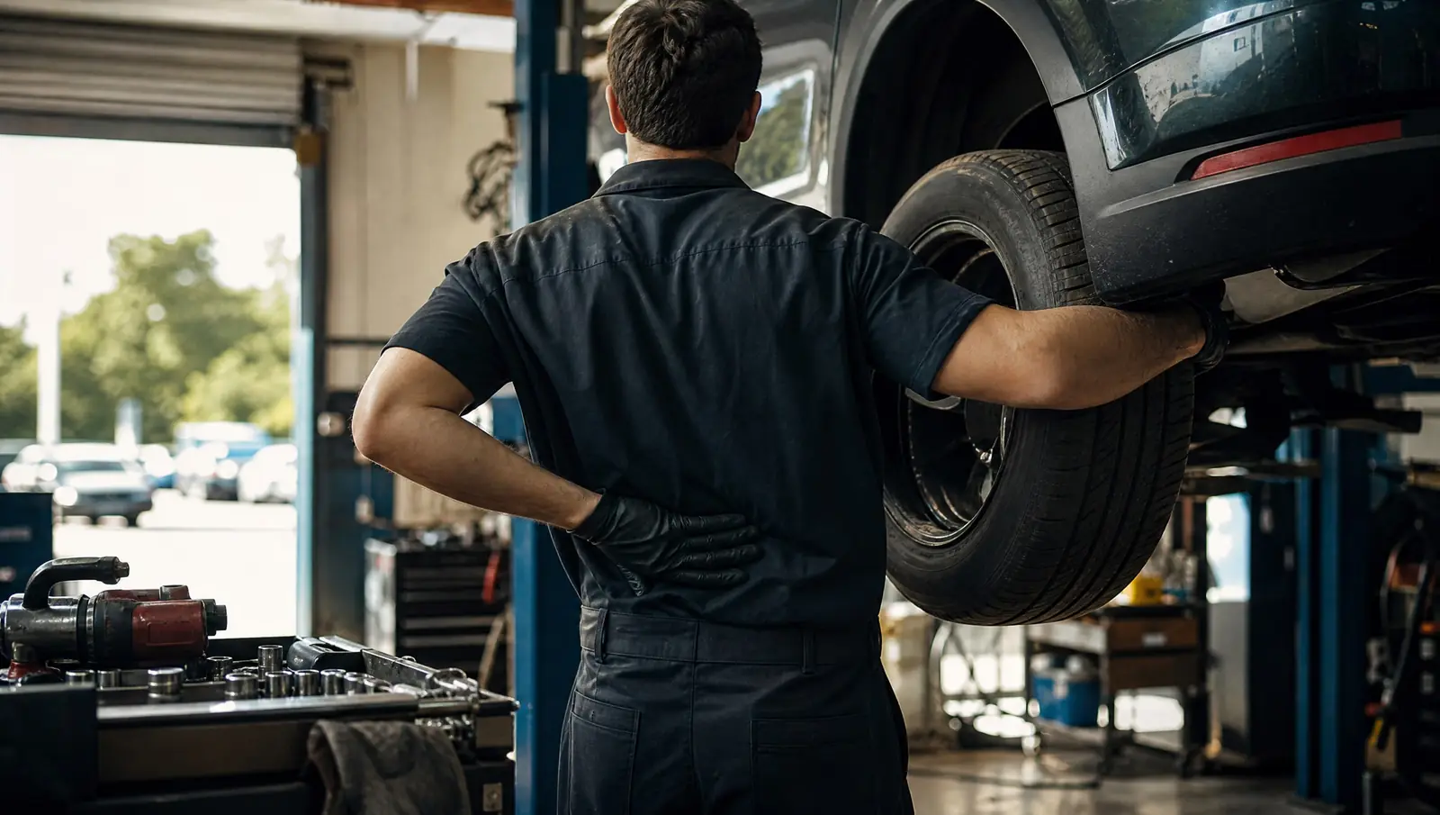 A mechanic in a Glendale dealership service bay, seen from behind easing a heavy tire off a lifted car with one hand pressed to his lower back, the kind of strain behind many workers' comp claims