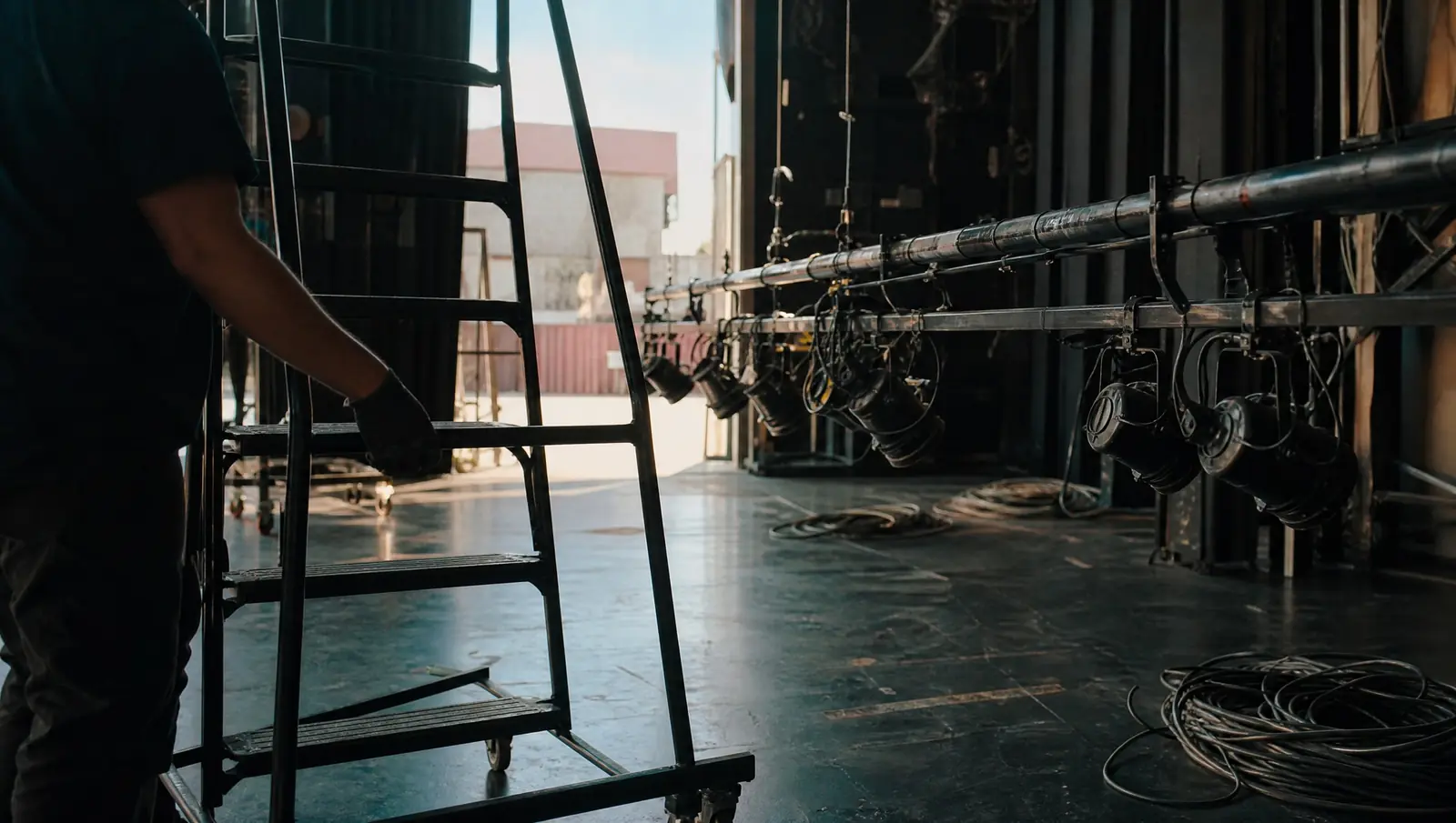 Backstage in a small North Hollywood theater, a gloved hand gripping a rolling ladder beside a lowered lighting batten, the kind of stagehand work behind many workers' comp claims