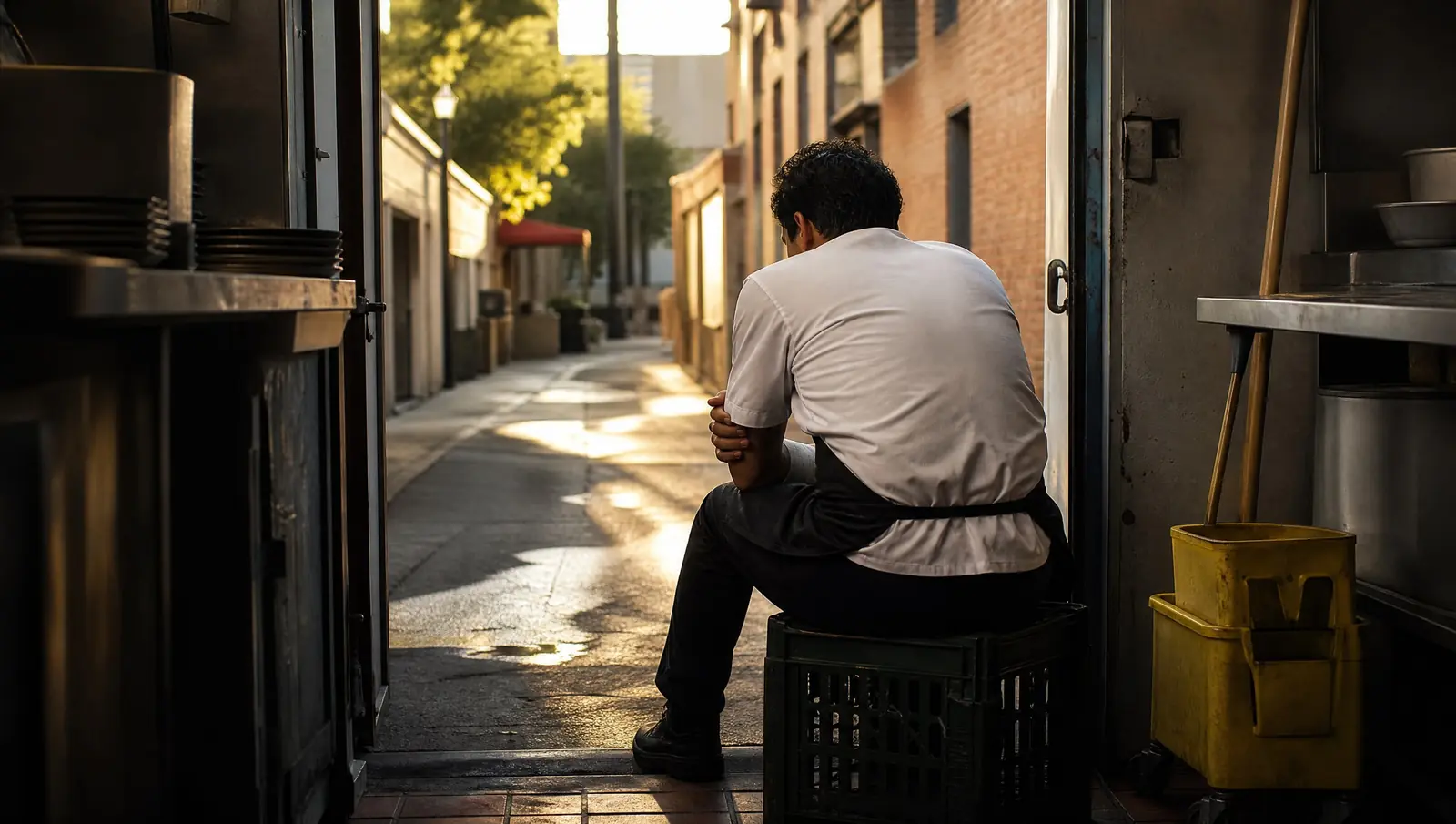 A Pasadena line cook seen from behind sitting on a crate outside a restaurant kitchen door in a brick alley, holding a wrapped forearm after a burn that could lead to a workers' comp claim