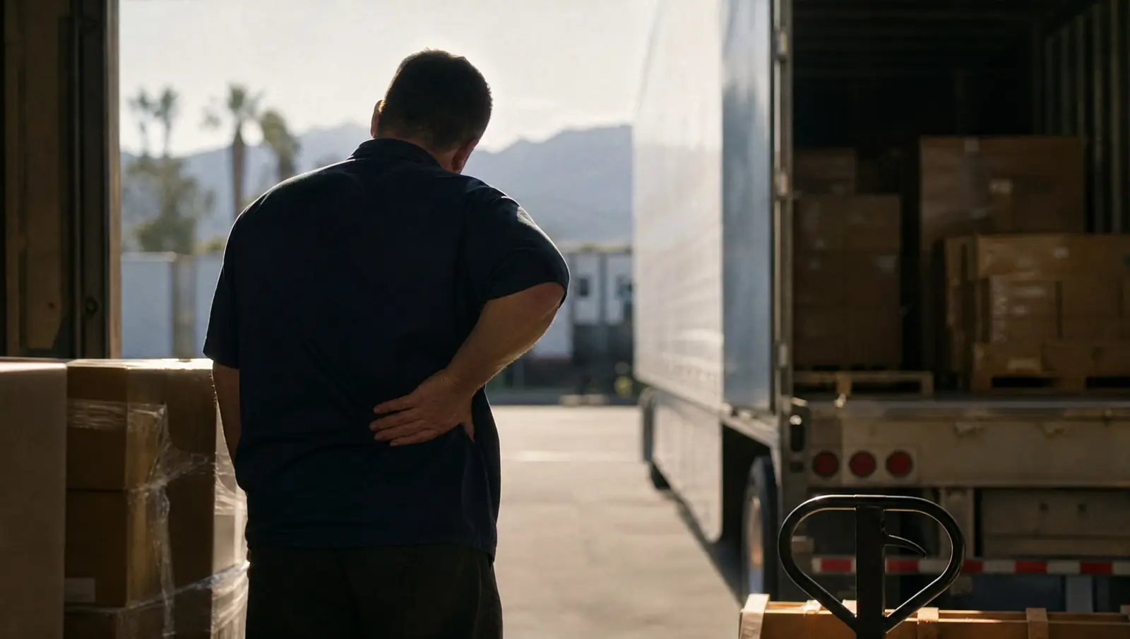 A Pomona warehouse worker seen from behind pressing a hand to his lower back beside a half-unloaded trailer of cartons at a loading dock, a typical workers' comp back injury