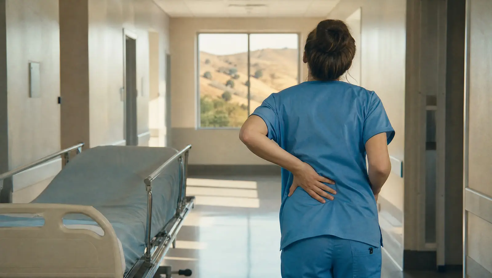 A Simi Valley hospital worker in scrubs seen from behind in a quiet corridor, one hand pressed to her lower back beside an empty patient bed, a common workers' comp lifting injury