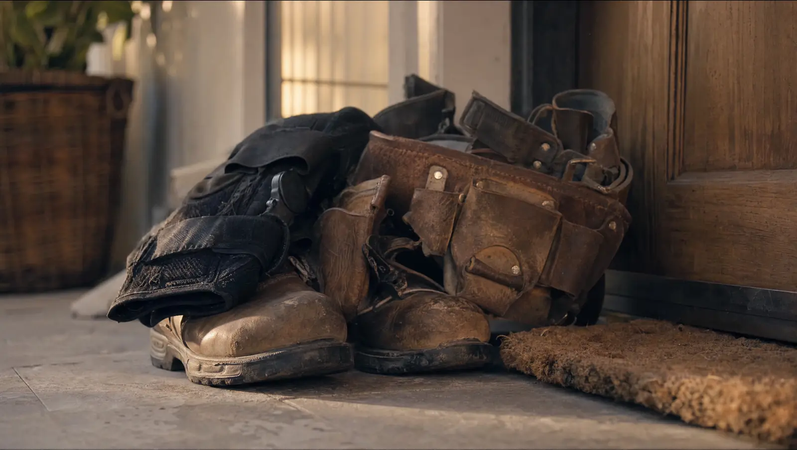 A worn tool belt and steel-toe boots set down by a front door at home after a workers' comp settlement, with a folded knee brace draped over the boots.