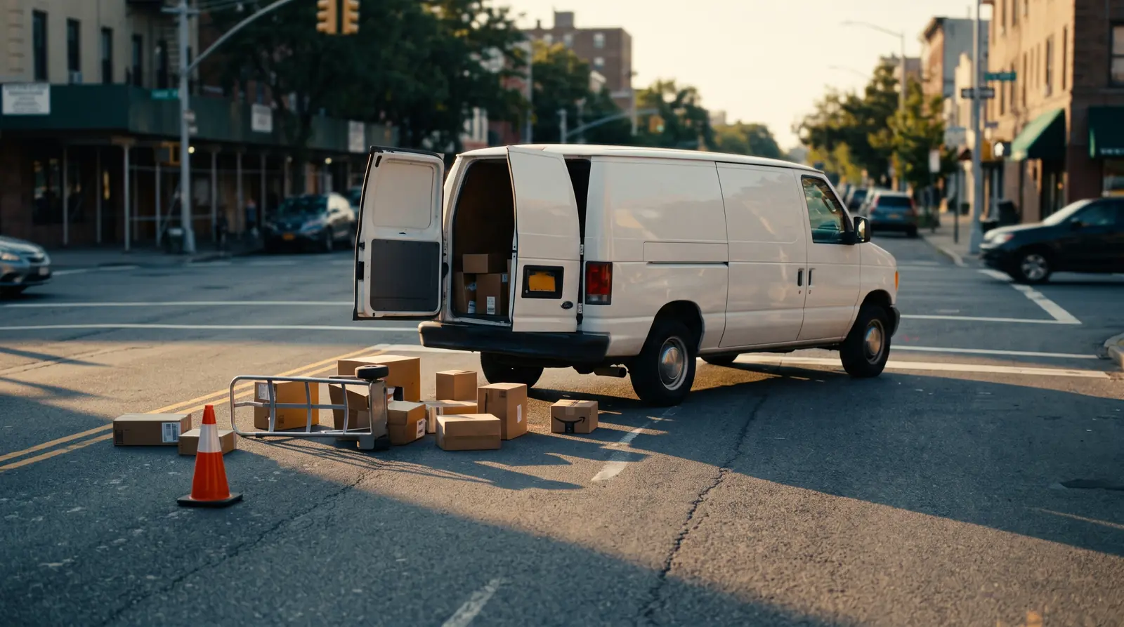 A delivery van stopped at an angle in a city intersection after a crash that could lead to a third-party claim, a tipped hand truck and boxes on the road beside a traffic cone.