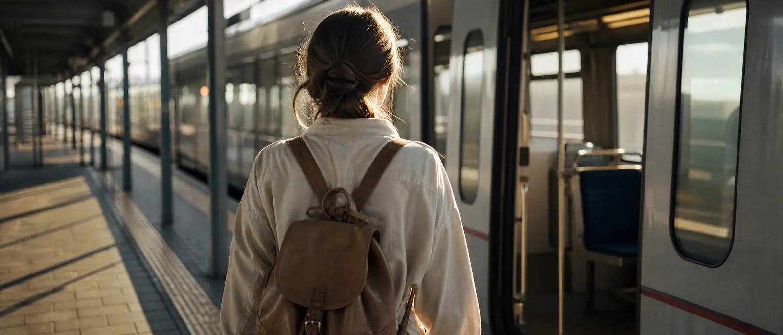 A woman seen from behind with a small backpack stepping onto a sunlit train platform in the morning