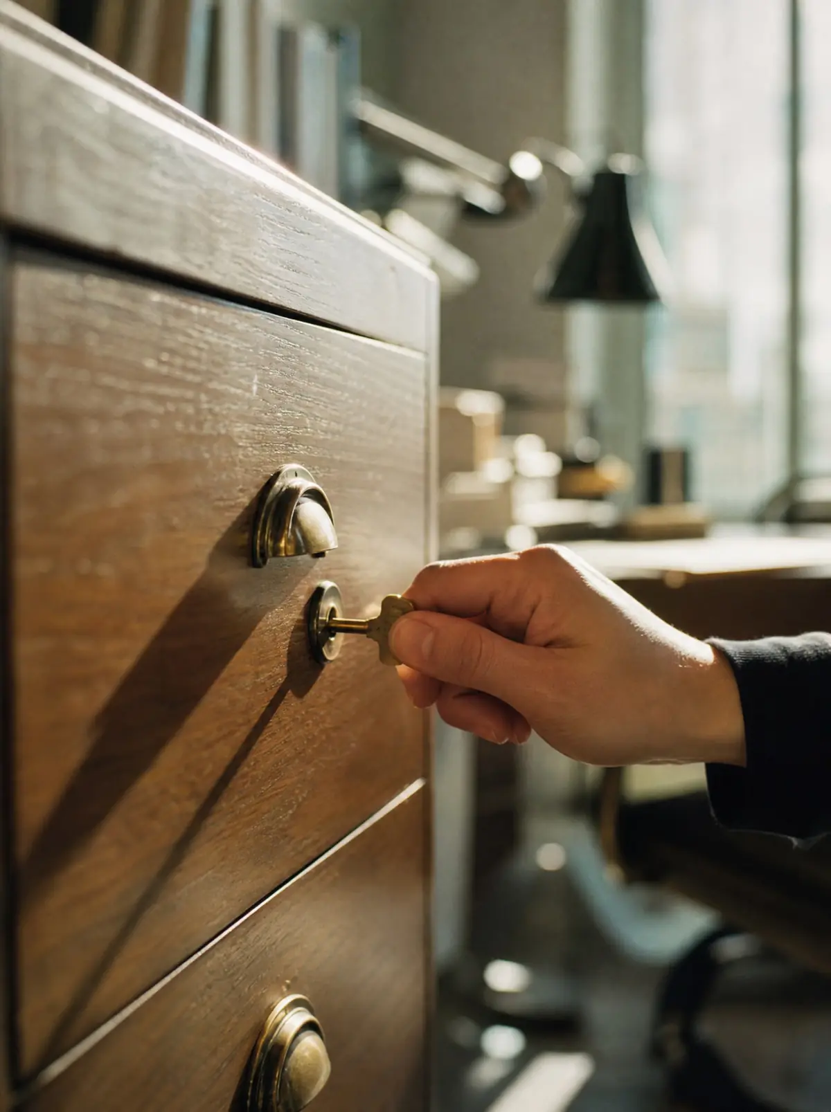 A hand turning a small brass key in the lock of a wooden filing cabinet in a bright office