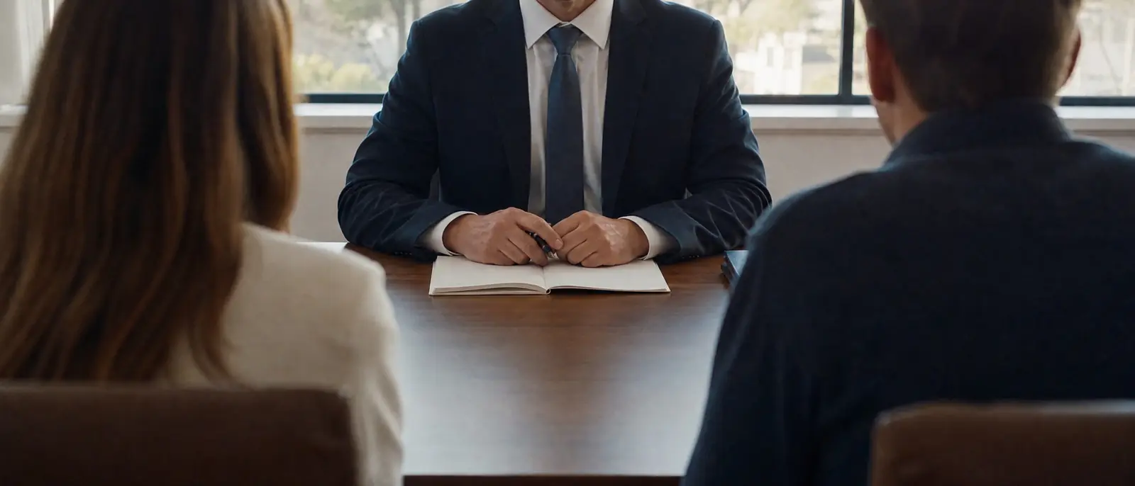 Two people seen from behind across a table from an attorney with an open notebook in a bright office