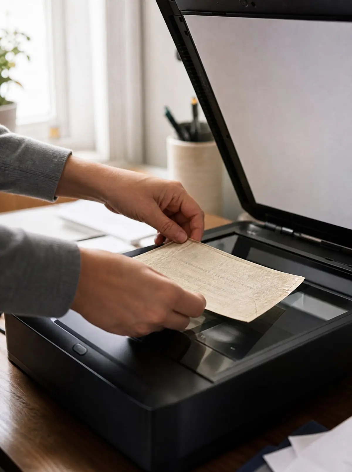 Hands placing an old birth certificate on a flatbed scanner in a tidy home office