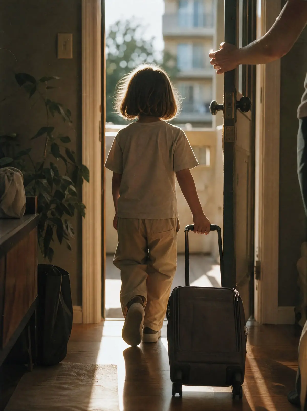 A child seen from behind pulling a small suitcase through a sunlit doorway, an adult holding the door