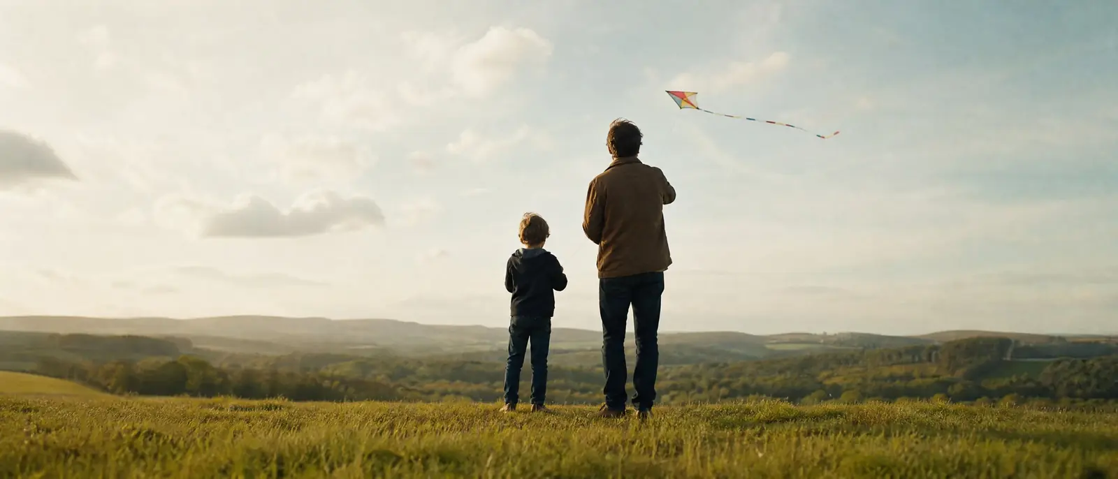 A parent and child seen from behind flying a kite on a grassy hill on a bright afternoon