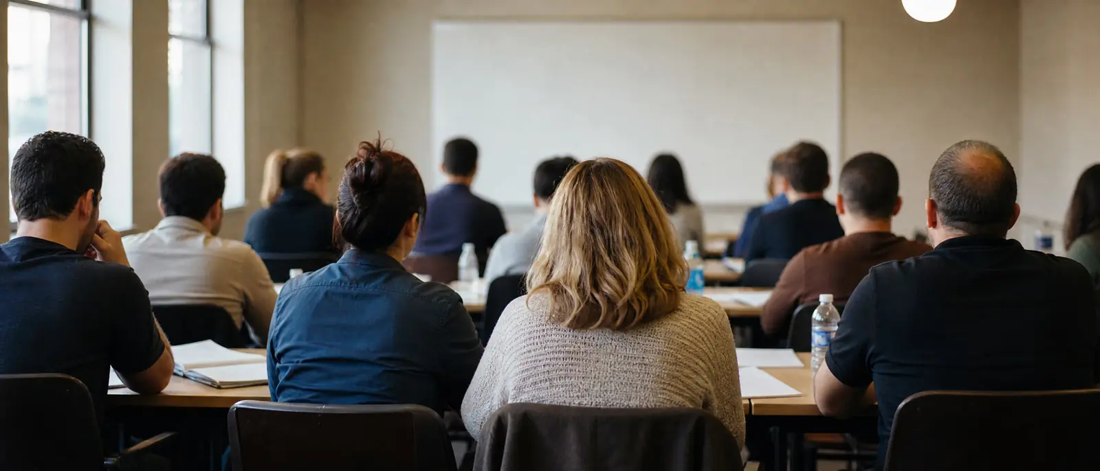 Adult learners seen from behind in a bright classroom facing a blank whiteboard