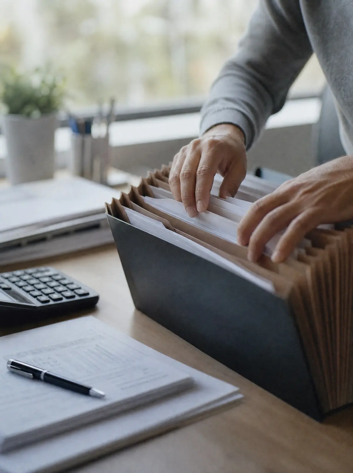 Hands filing folded tax returns into an accordion folder beside a calculator