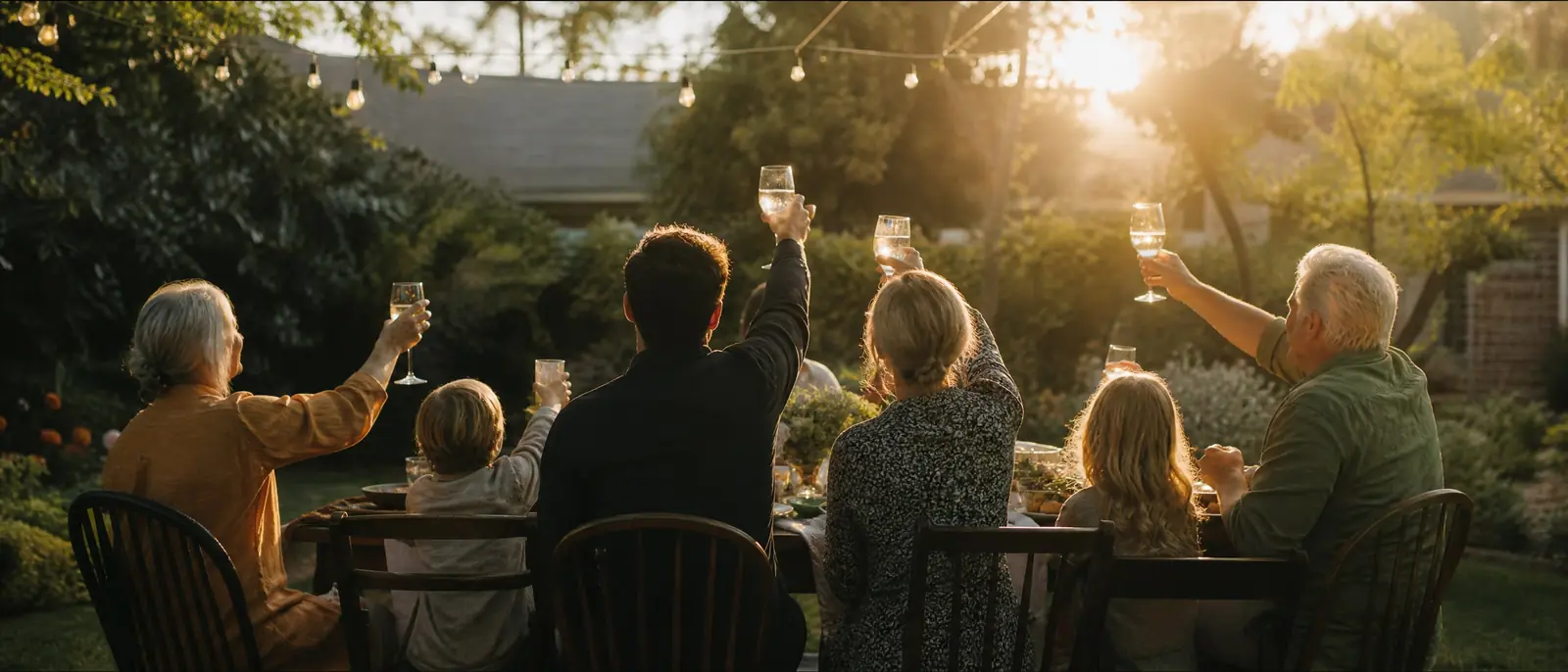 A family seen from behind raising glasses around a backyard table under string lights