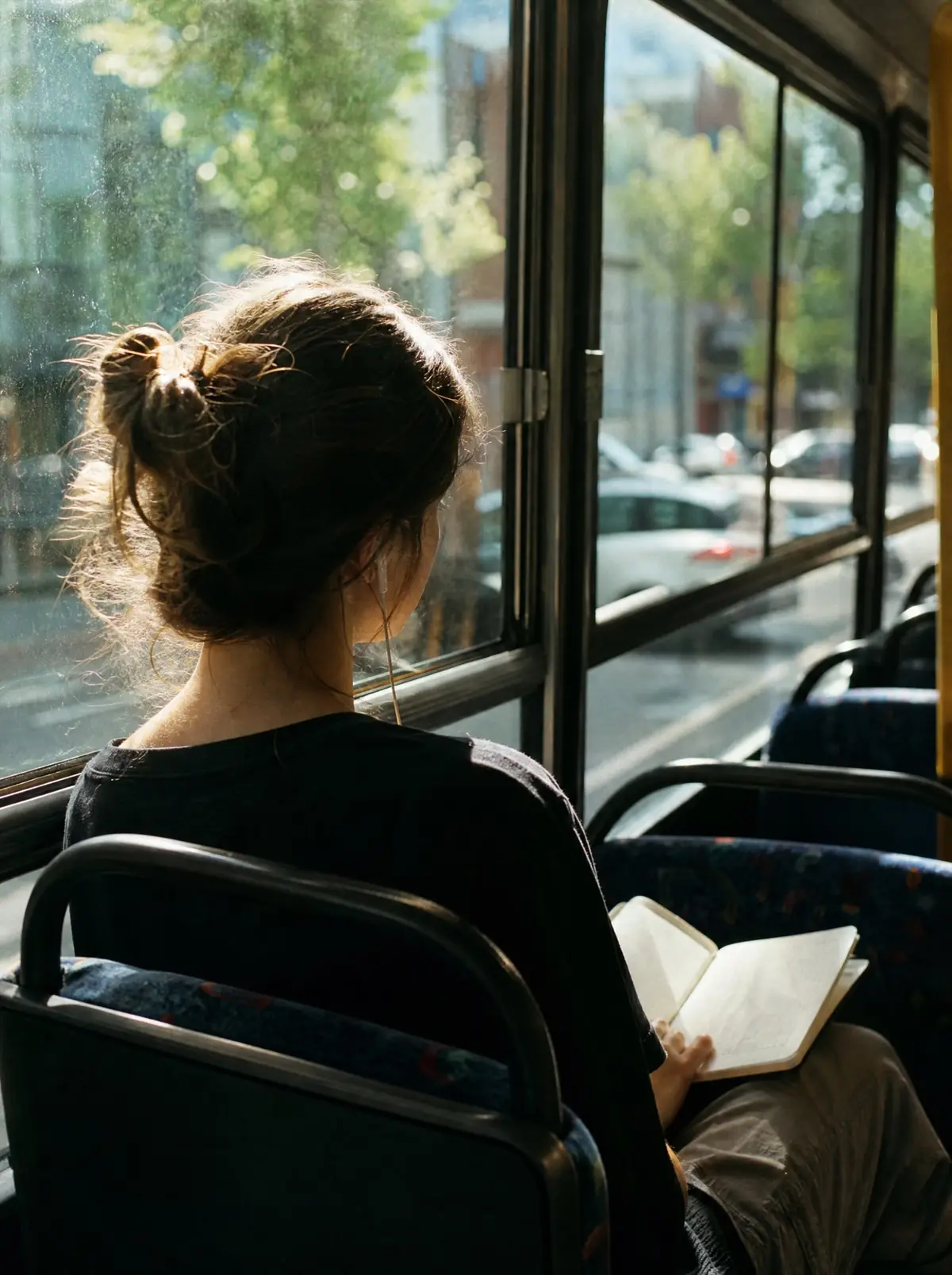 A person seen from behind on a sunny bus seat with earbuds, a small notebook open on their lap