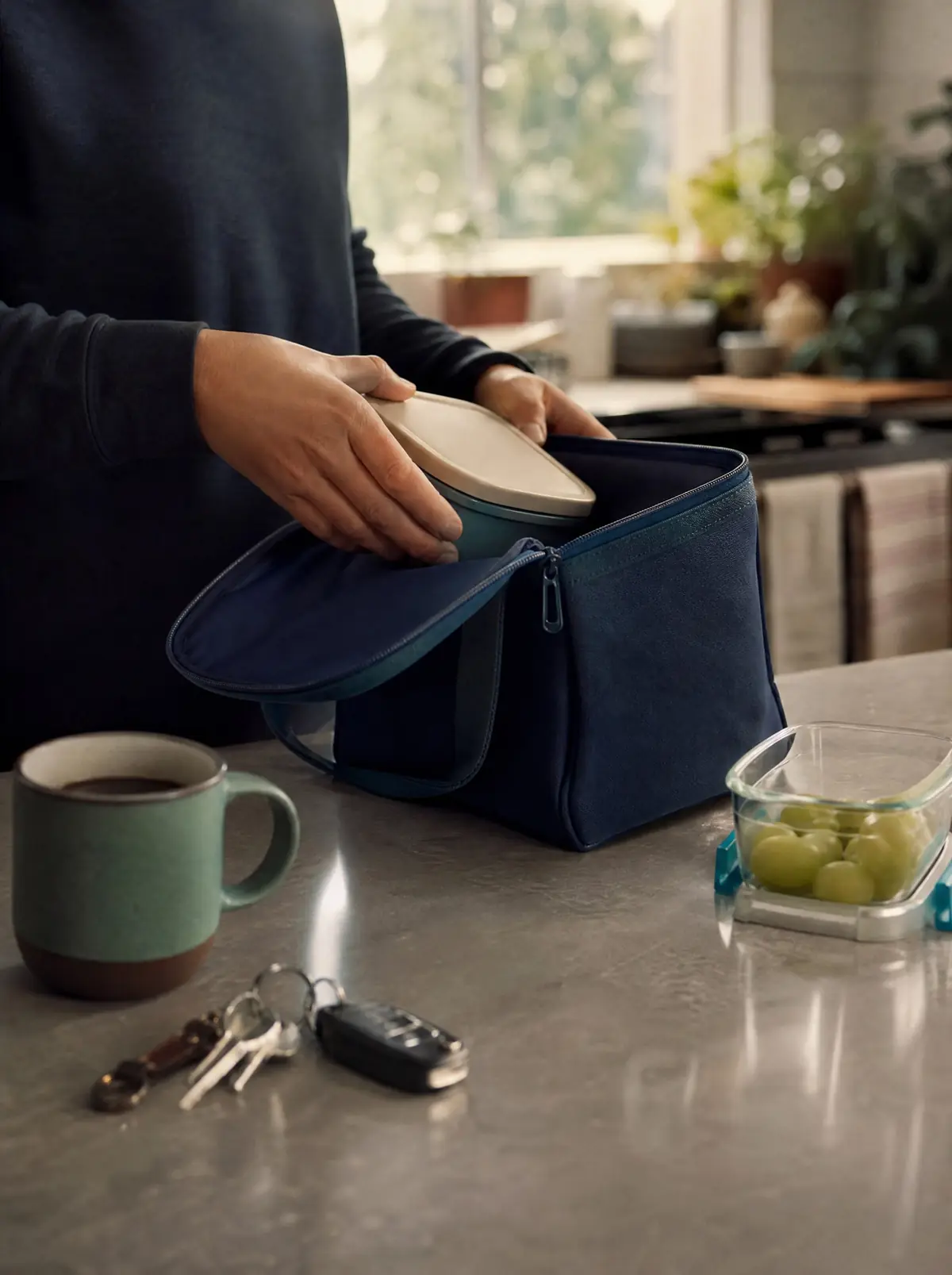 Adult hands packing a school lunch on a kitchen counter in early morning light