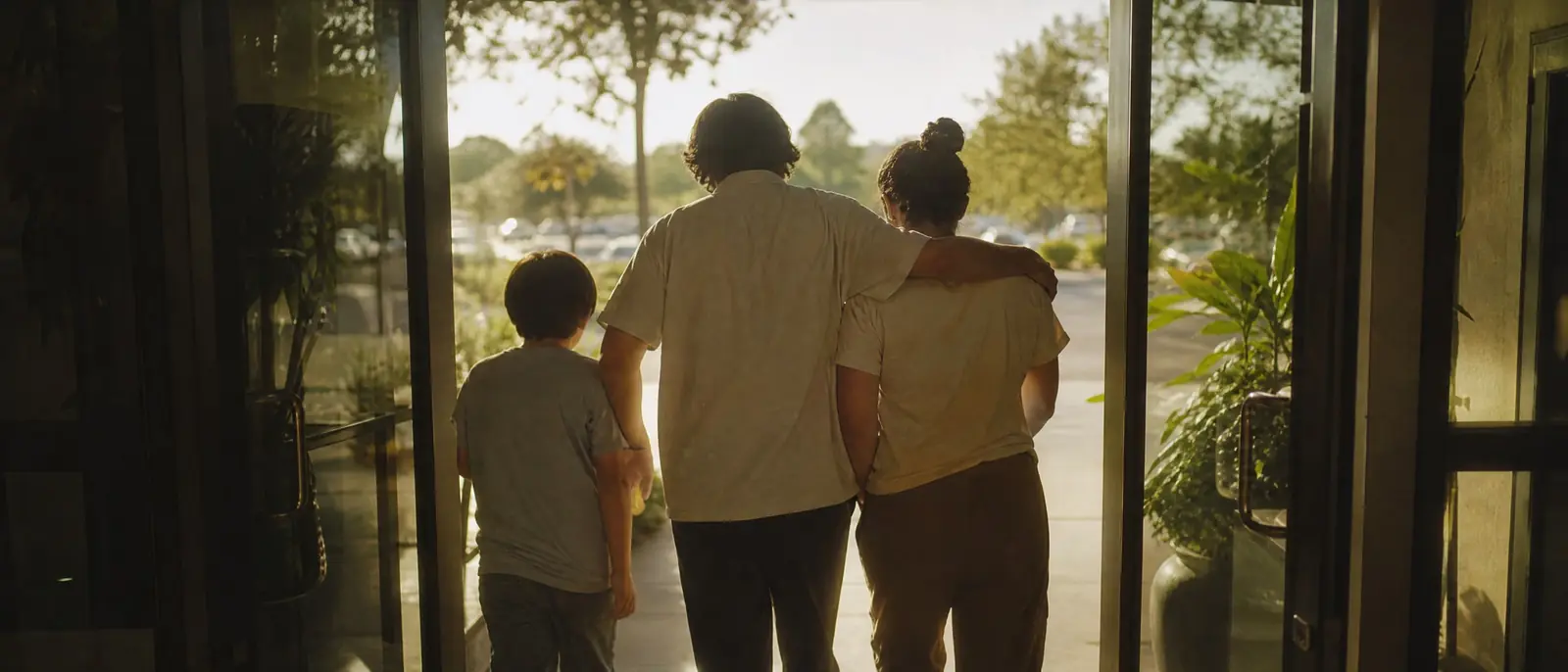 A family seen from behind walking out through glass doors into warm sunshine
