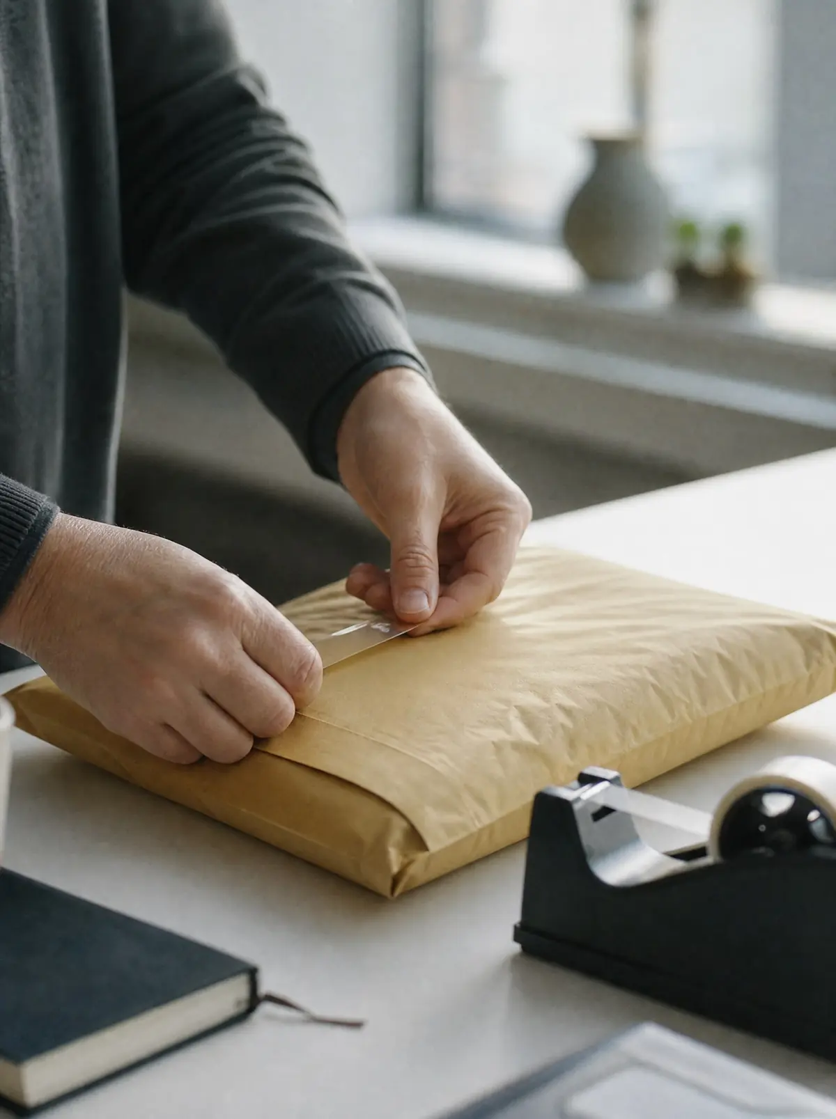 Hands sealing a thick padded envelope at a bright office desk