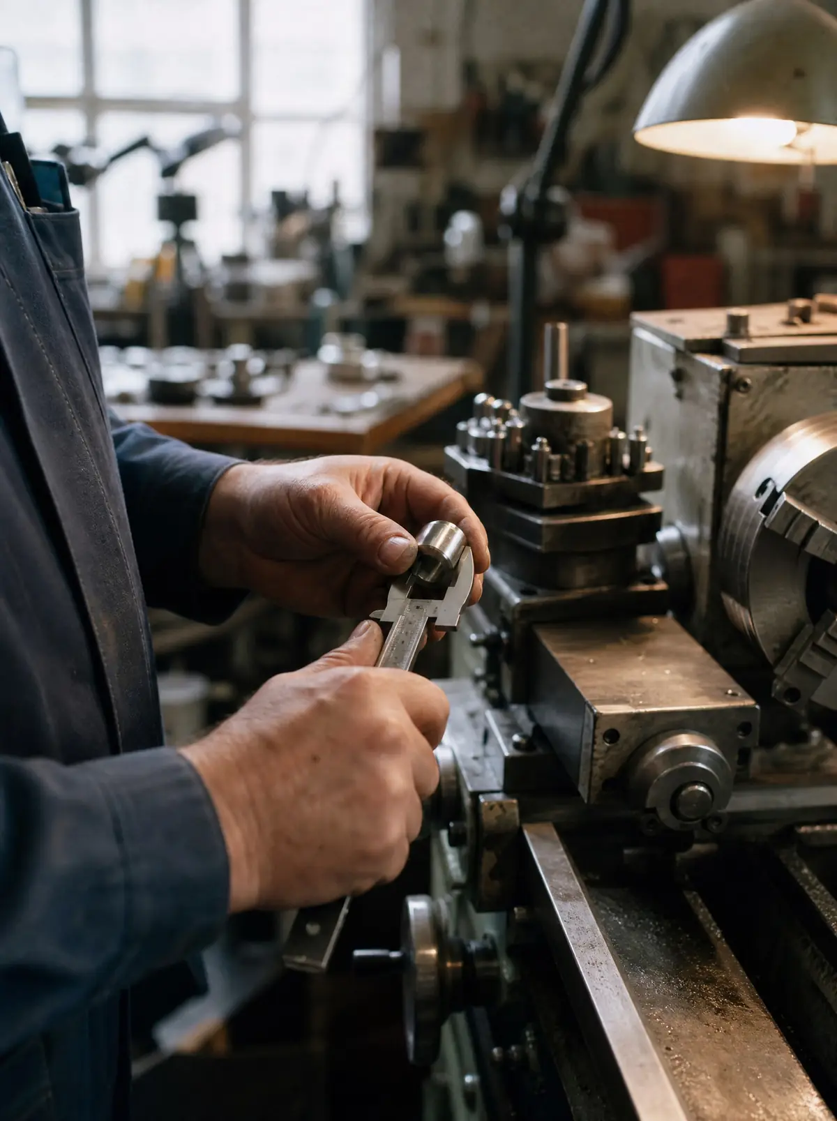 A machinist's hands measuring a steel part with calipers beside a lathe in a bright workshop