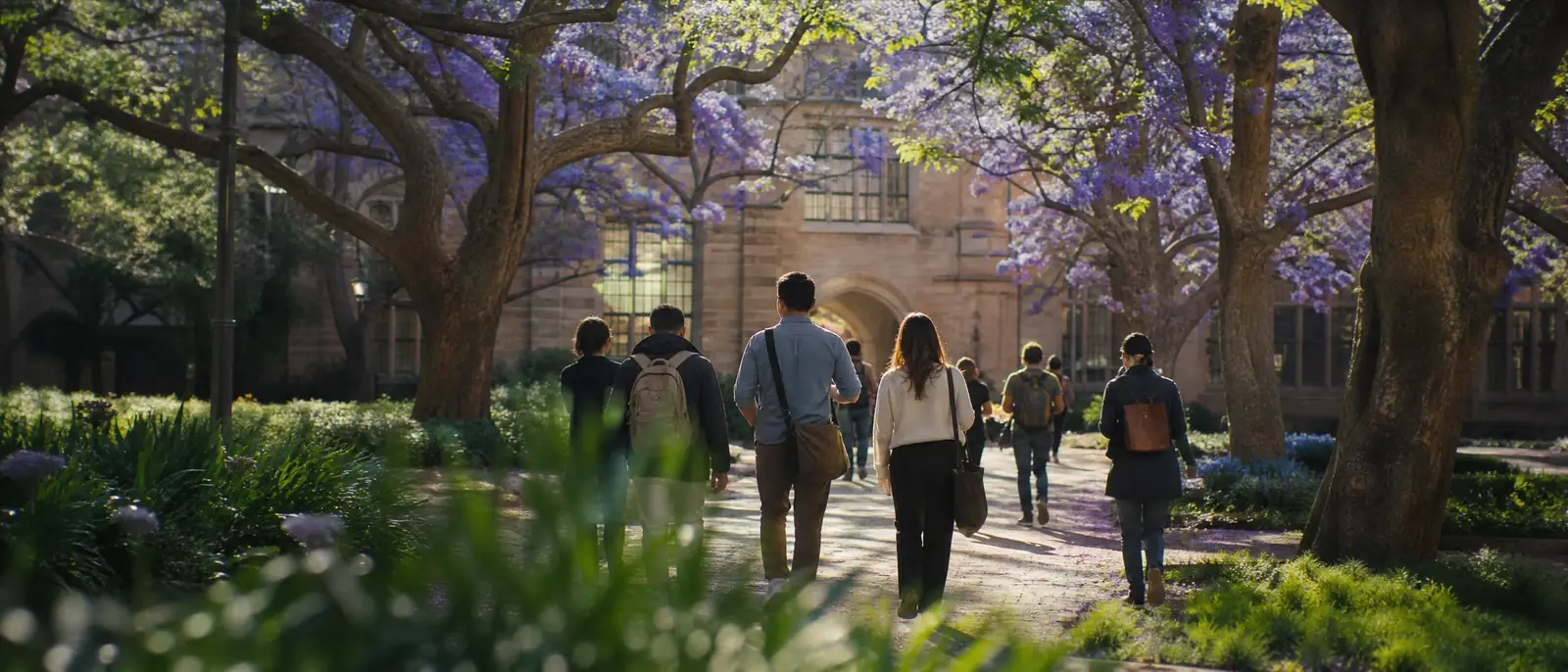 Researchers and students seen from behind walking under jacaranda trees across a sunny university quad toward a brick building