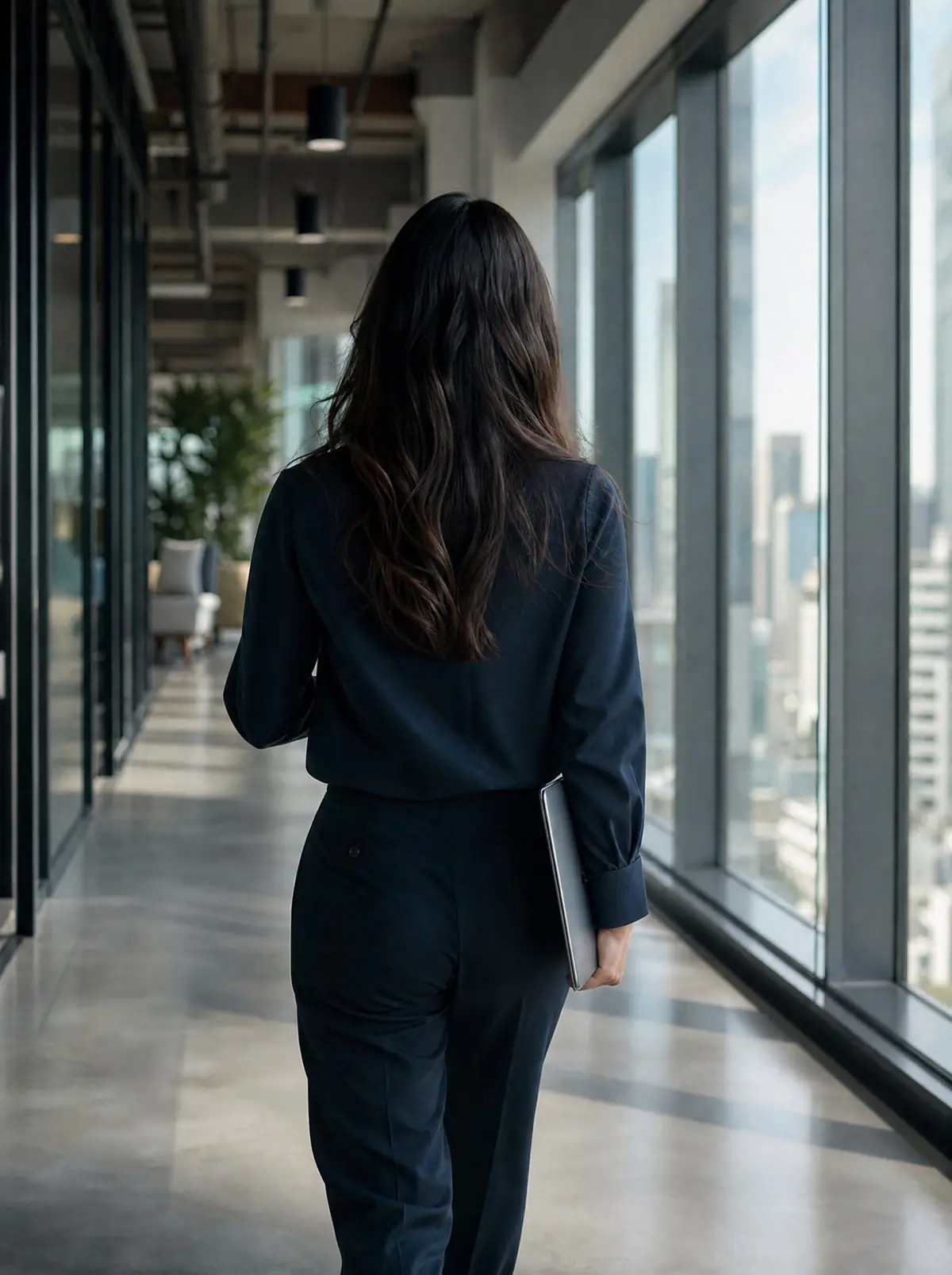 An engineer seen from behind carrying a laptop along a bright glass-walled office corridor with a city view