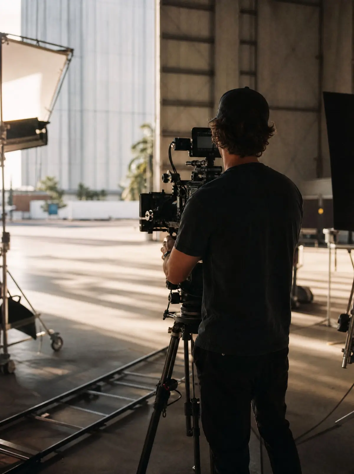 A camera operator seen from behind at a cinema camera on a sunlit soundstage, lighting stands and a dolly track around him